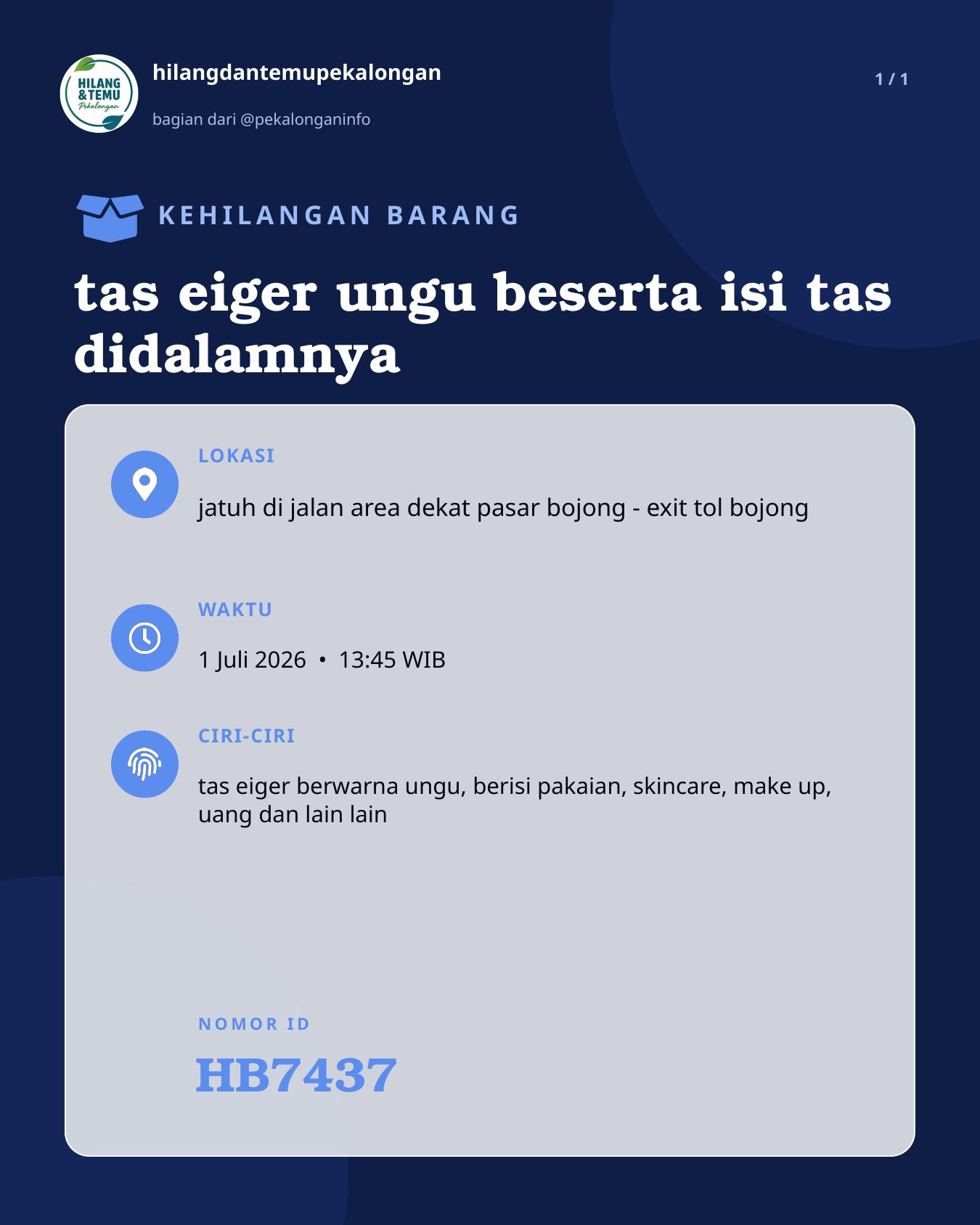 Slide laporan tas eiger ungu beserta isi tas didalamnya (HB7437)
