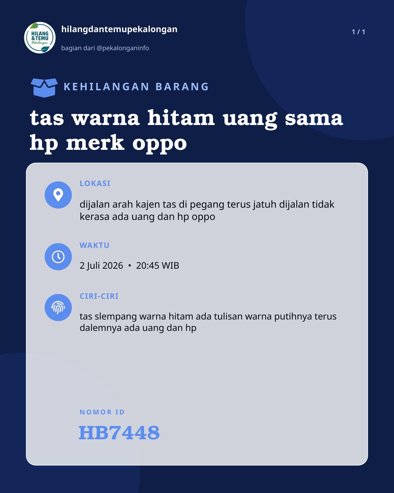 Slide laporan tas warna hitam uang sama hp merk oppo (HB7448)