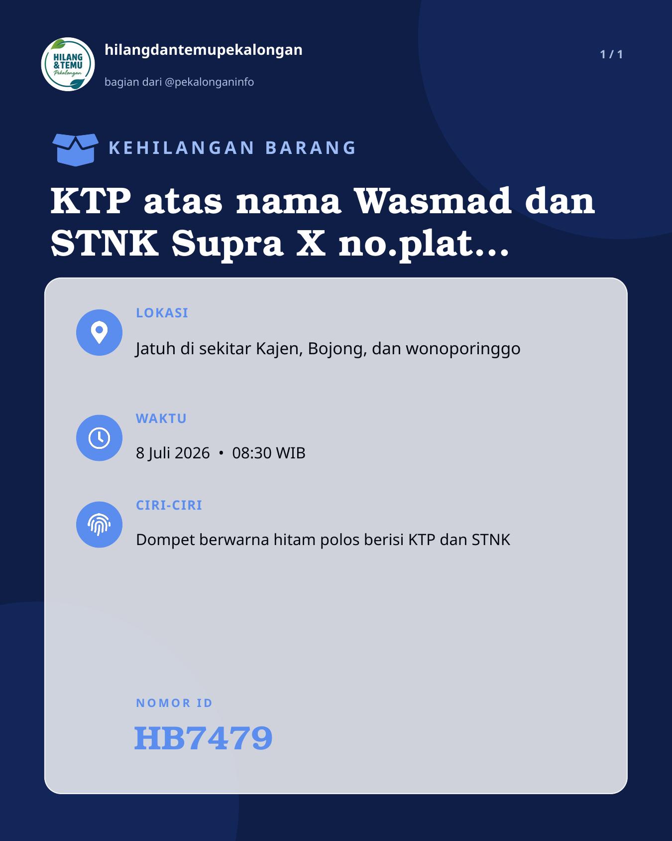 Slide laporan KTP atas nama Wasmad dan STNK Supra X no.plat G 5583 RB (HB7479)