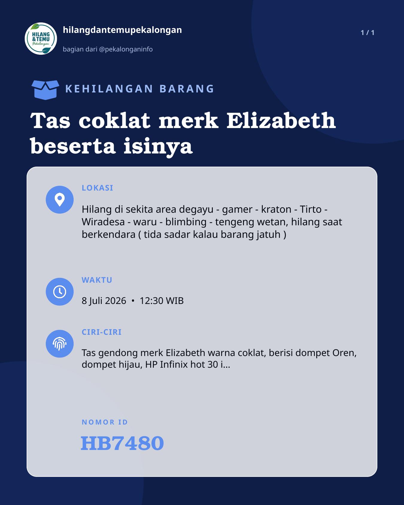 Slide laporan Tas coklat merk Elizabeth beserta isinya (HB7480)