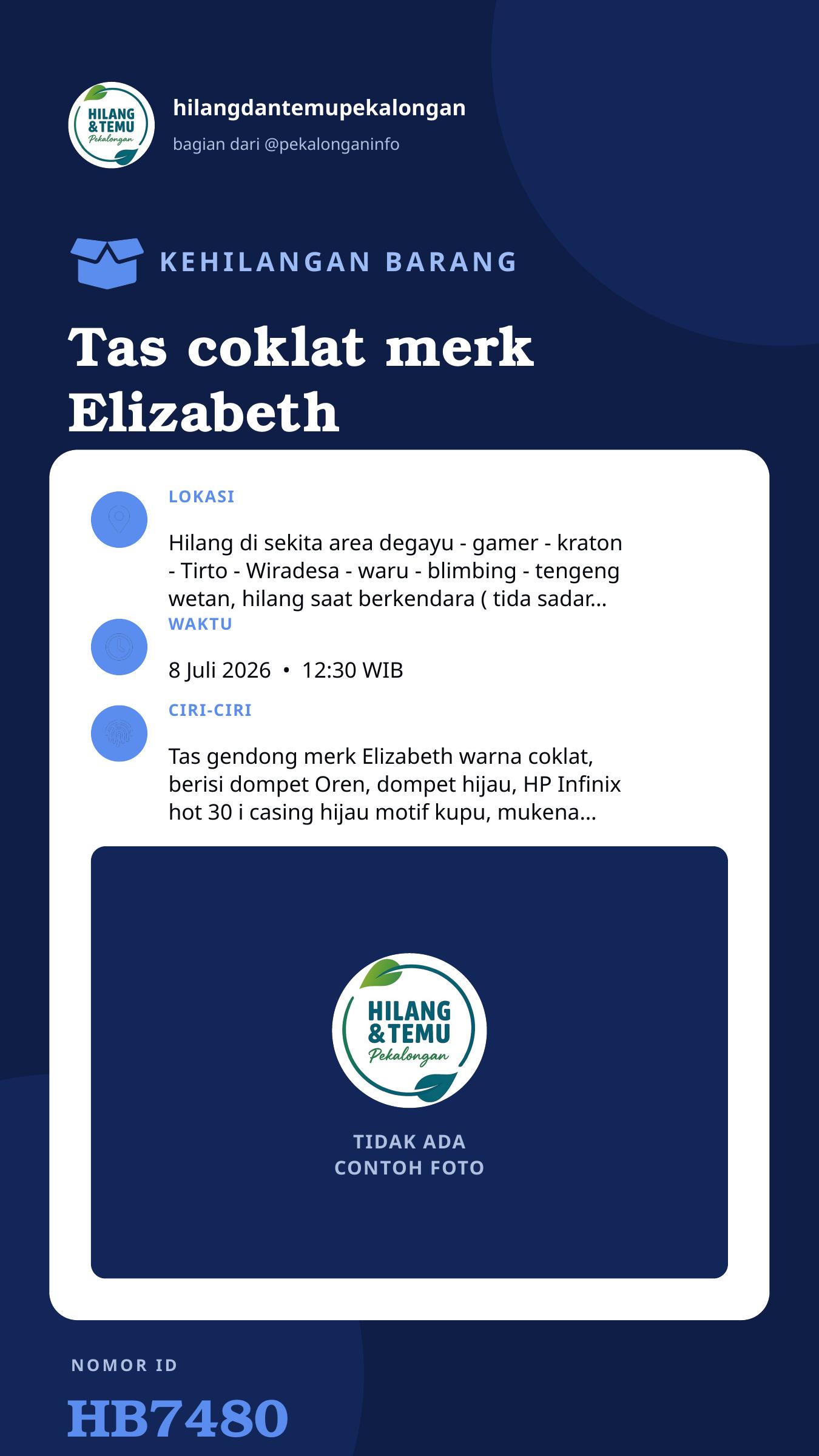 Story 9:16 laporan Tas coklat merk Elizabeth beserta isinya