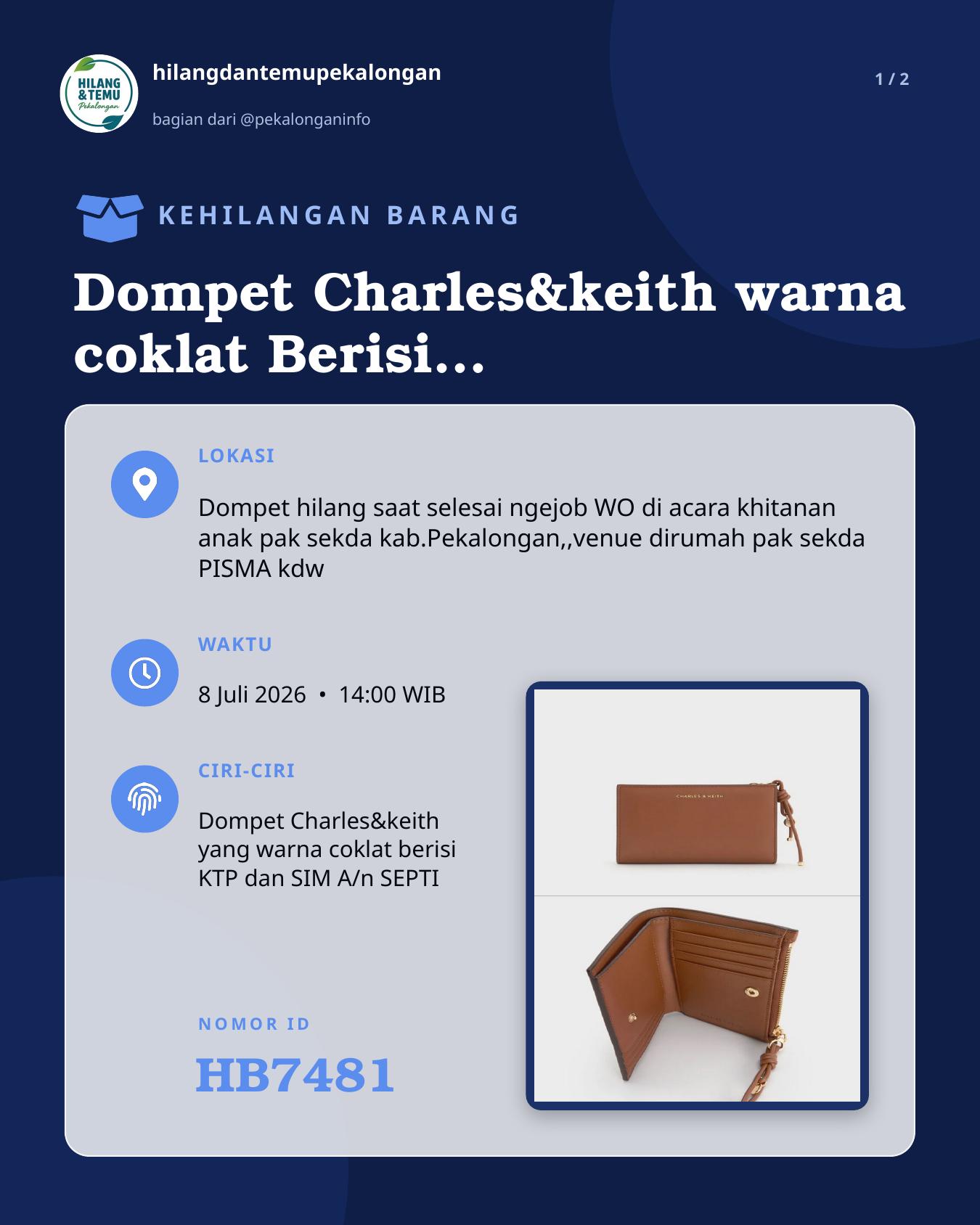 Slide laporan Dompet Charles&keith warna coklat Berisi KTP,STNK,SIM,ATM (HB7481)