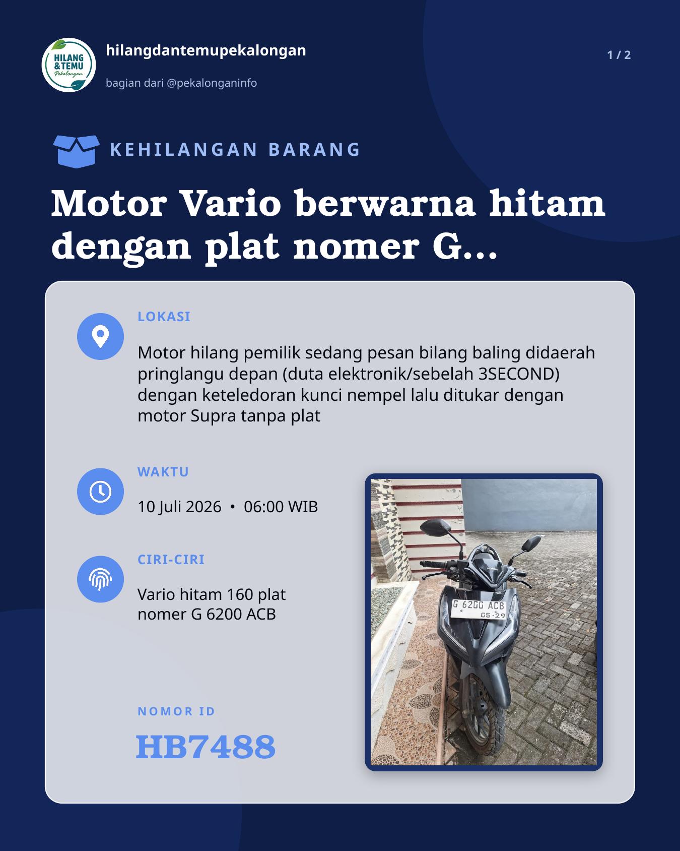 Slide laporan Motor Vario berwarna hitam dengan plat nomer G 6200 ACB (HB7488)