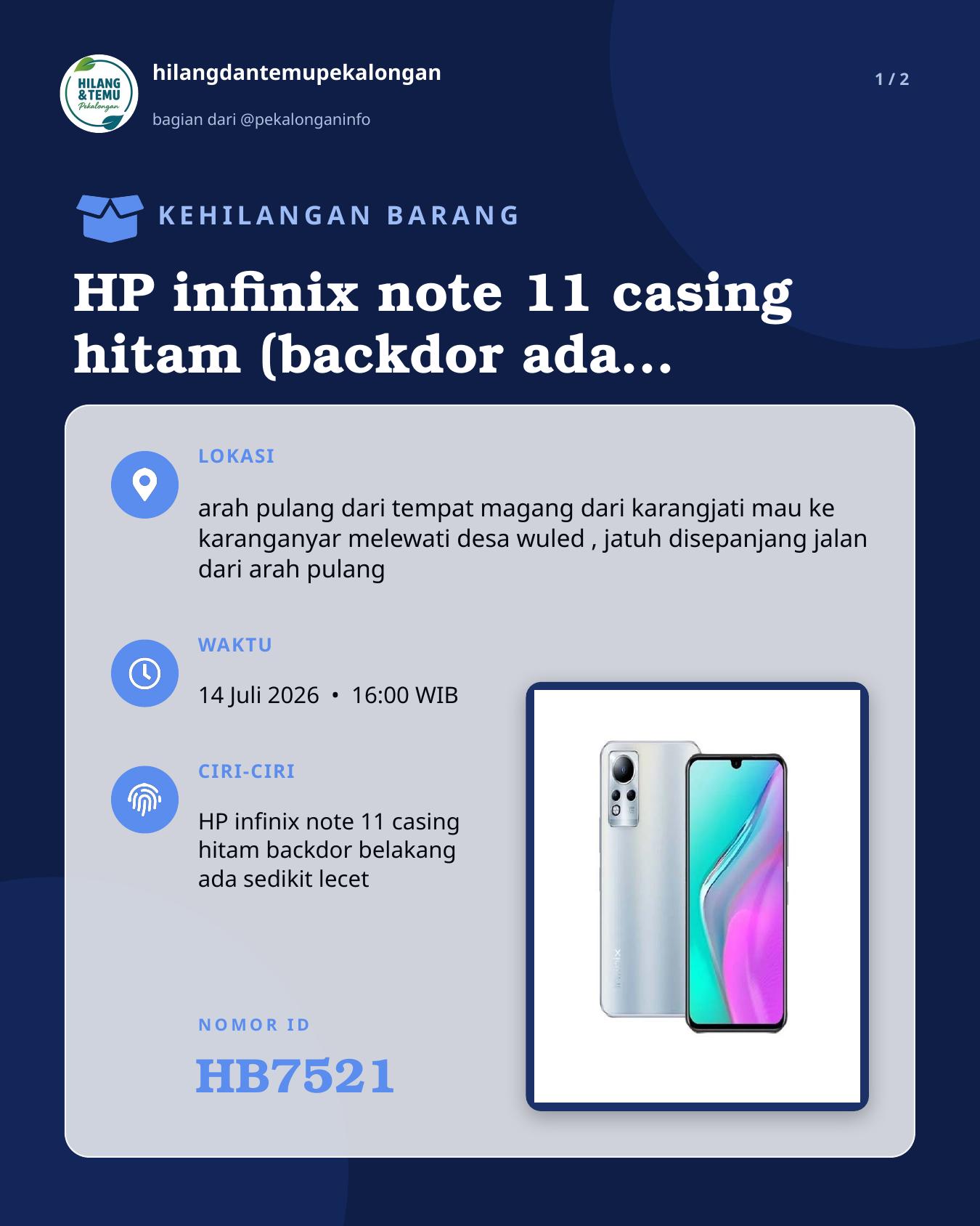 Slide laporan HP infinix note 11 casing hitam (backdor ada lecet) (HB7521)