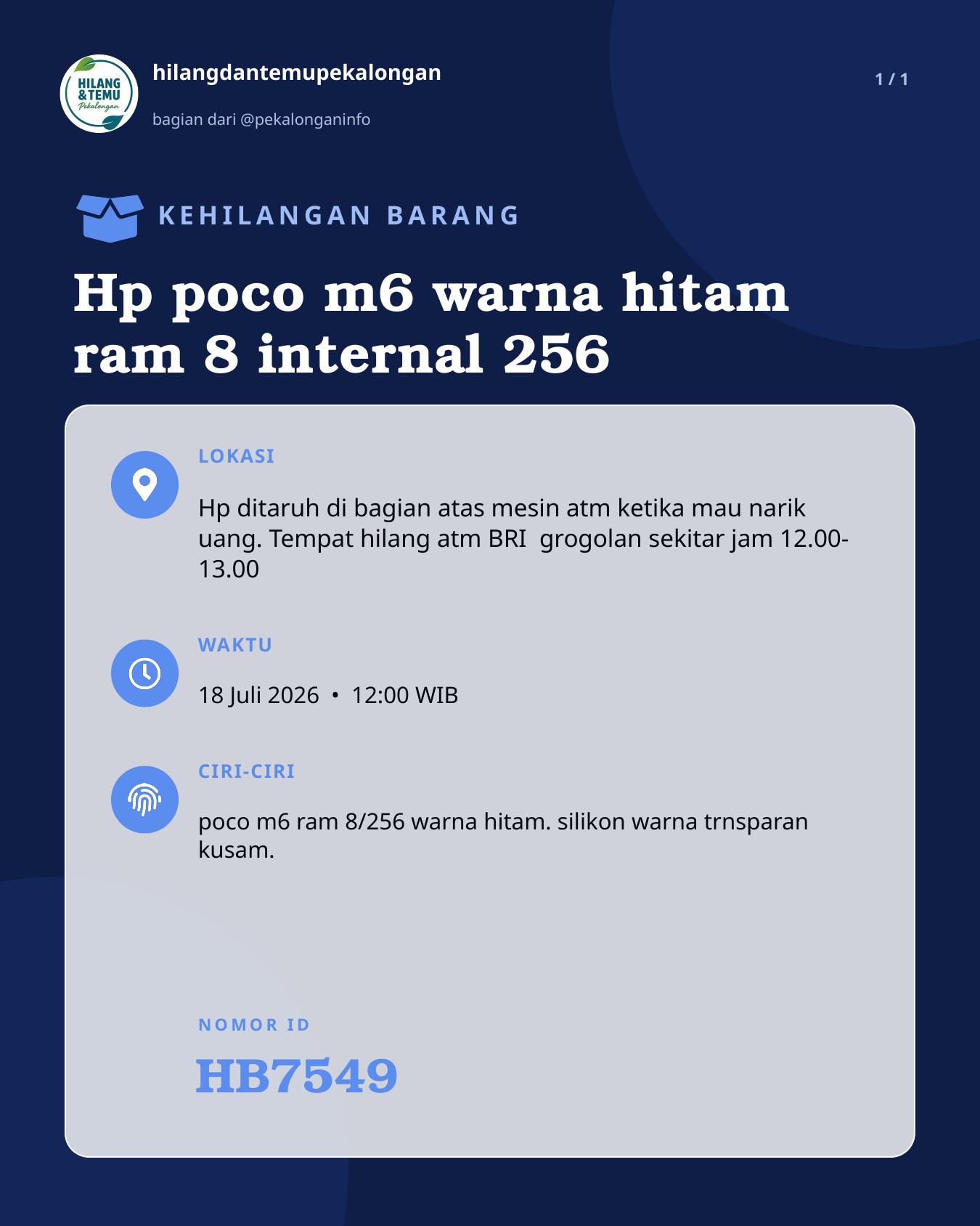 Slide laporan Hp poco m6 warna hitam ram 8 internal 256 (HB7549)