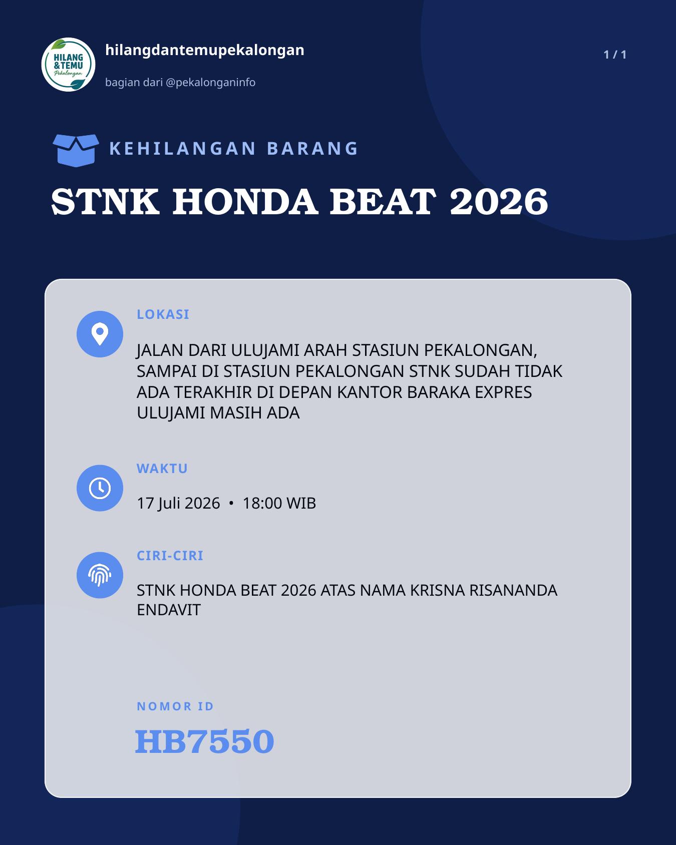 Slide laporan STNK HONDA BEAT 2026 (HB7550)