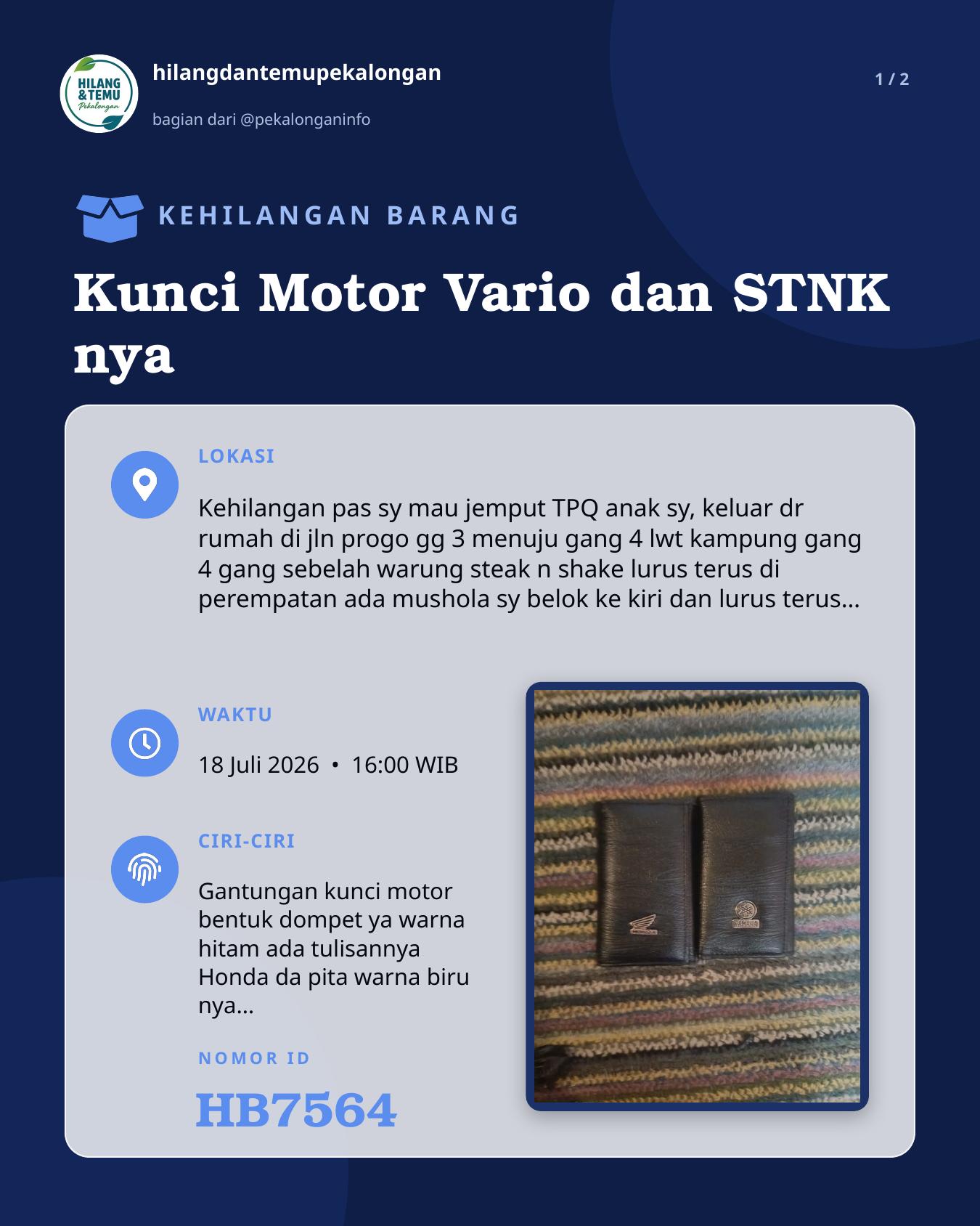 Slide laporan Kunci Motor Vario dan STNK nya (HB7564)