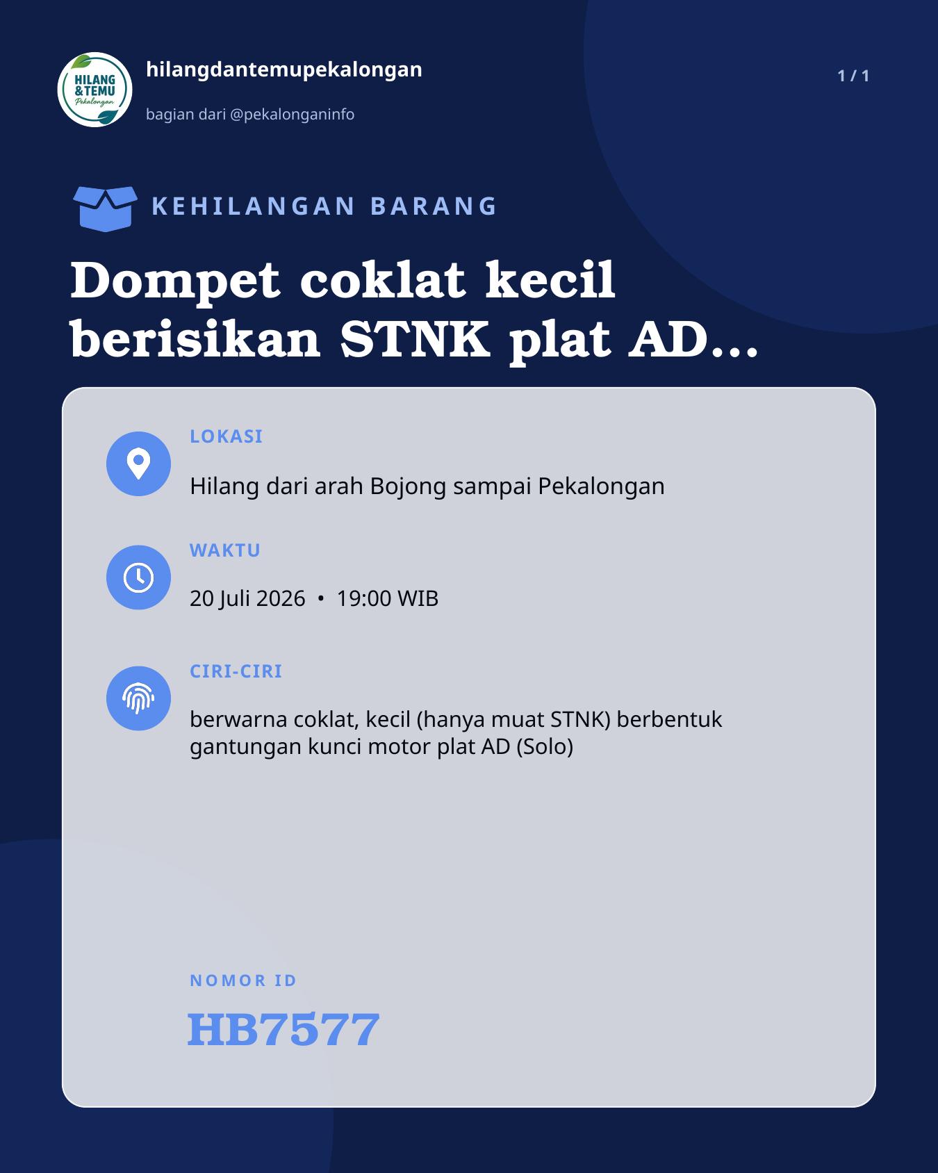 Slide laporan Dompet coklat kecil berisikan STNK plat AD (Solo) (HB7577)
