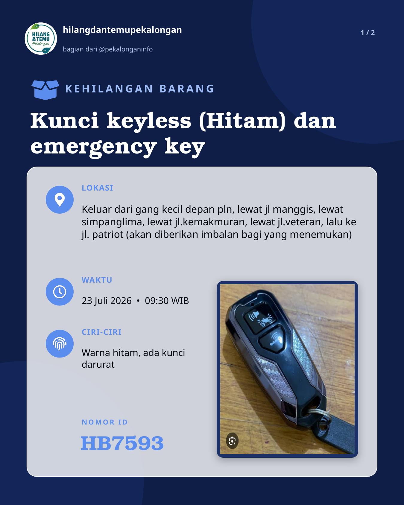 Slide laporan Kunci keyless (Hitam) dan emergency key (HB7593)