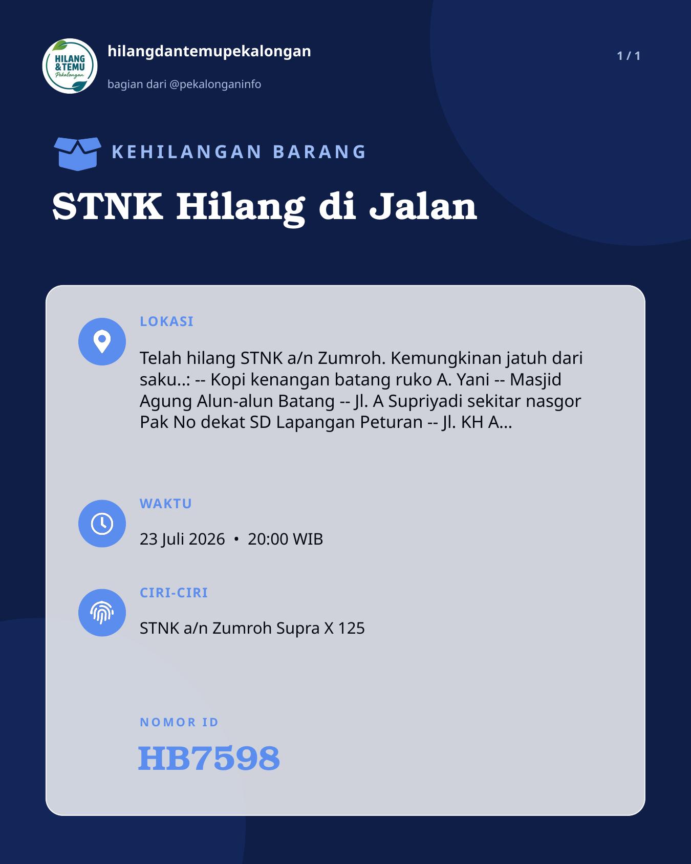 Slide laporan STNK Hilang di Jalan (HB7598)