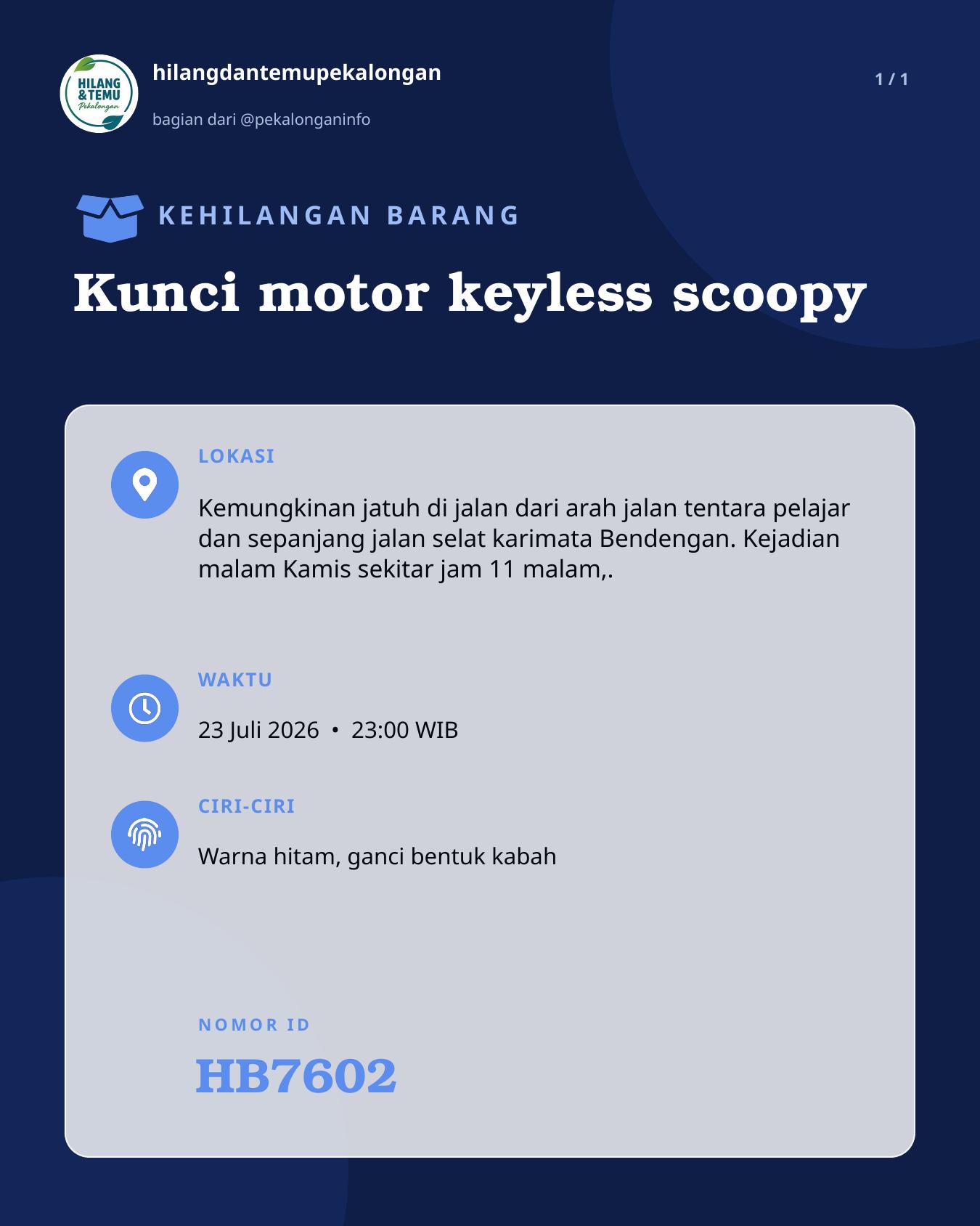 Slide laporan Kunci motor keyless scoopy (HB7602)