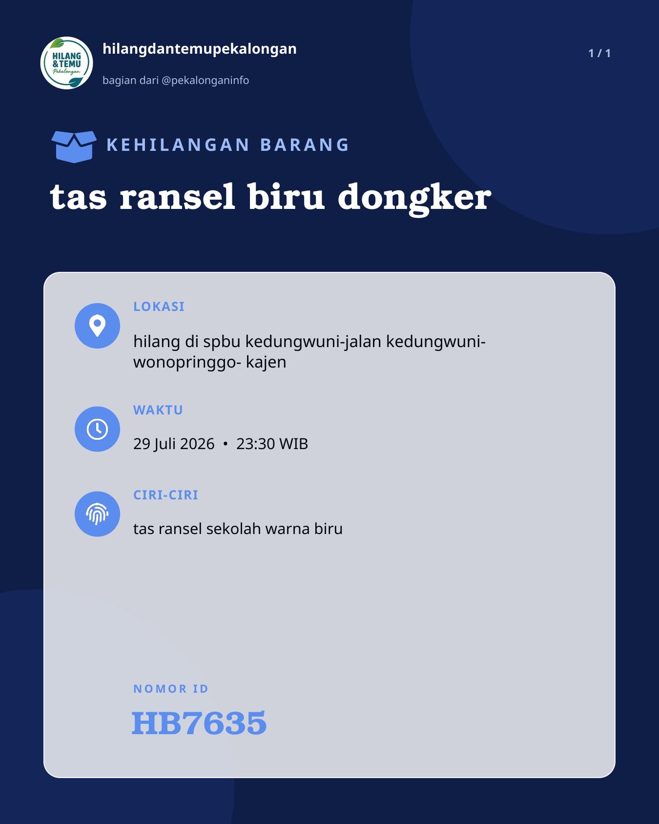 Slide laporan tas ransel biru dongker (HB7635)