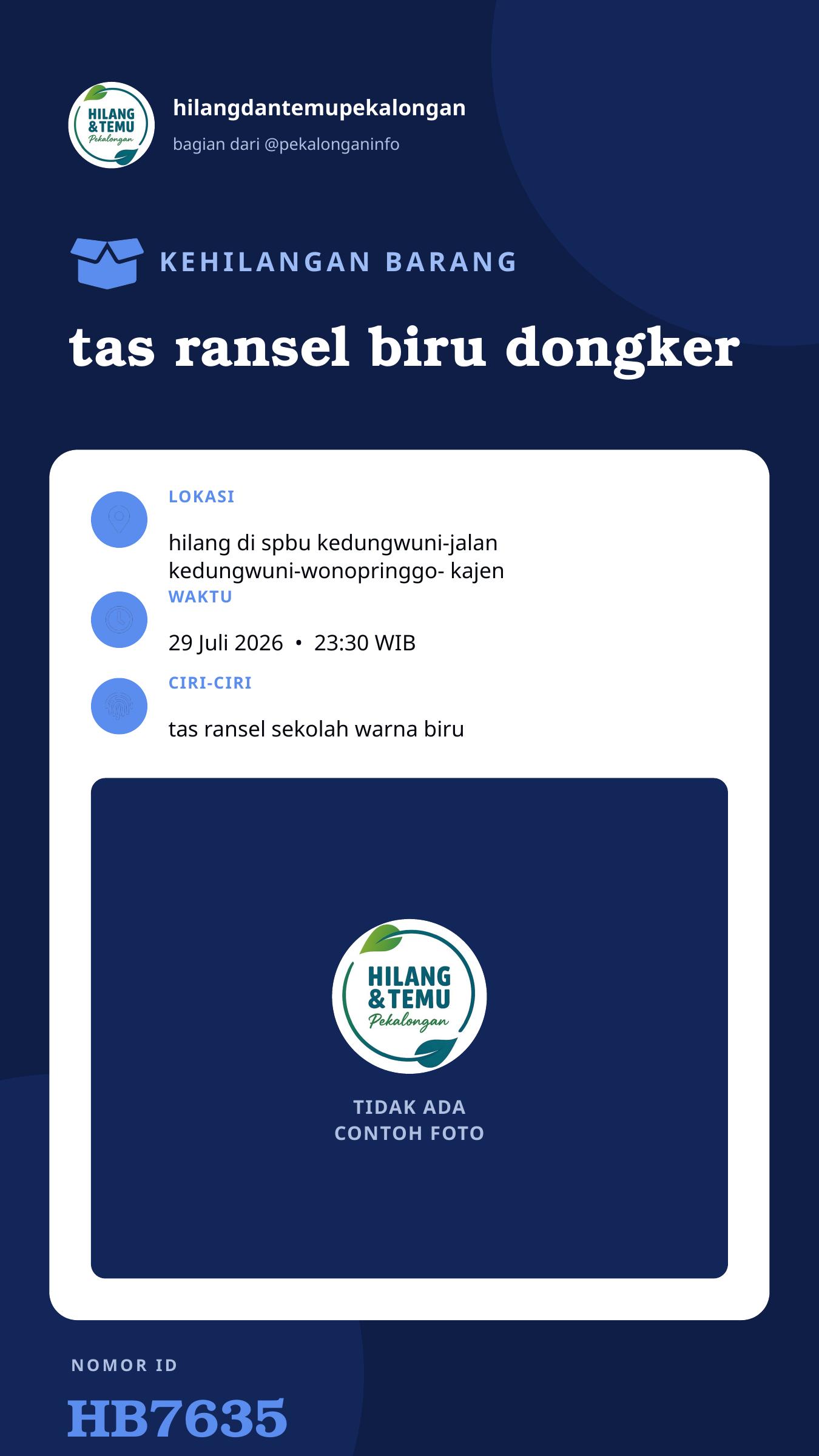 Story 9:16 laporan tas ransel biru dongker