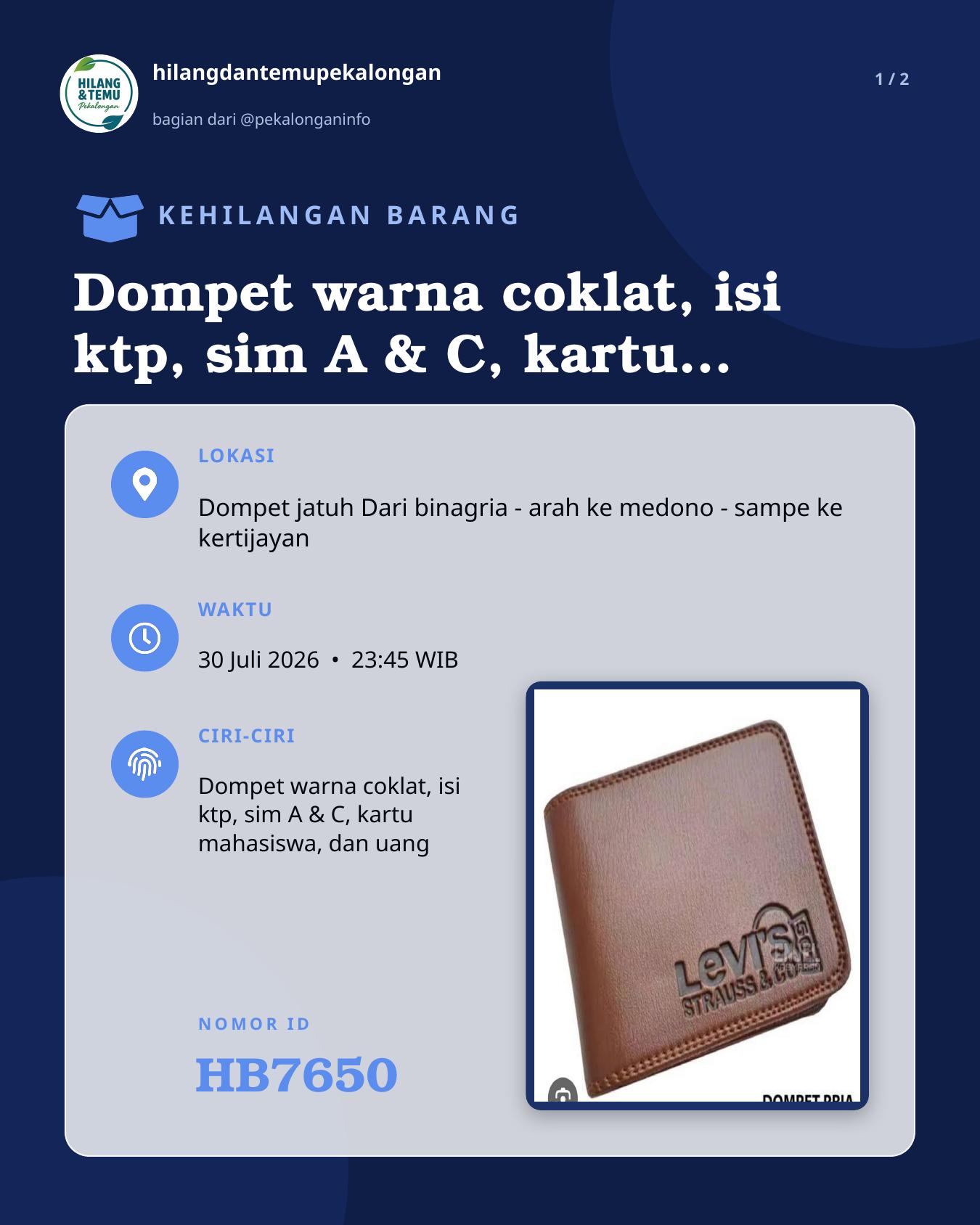 Slide laporan Dompet warna coklat, isi ktp, sim A & C, kartu mahasiswa (HB7650)