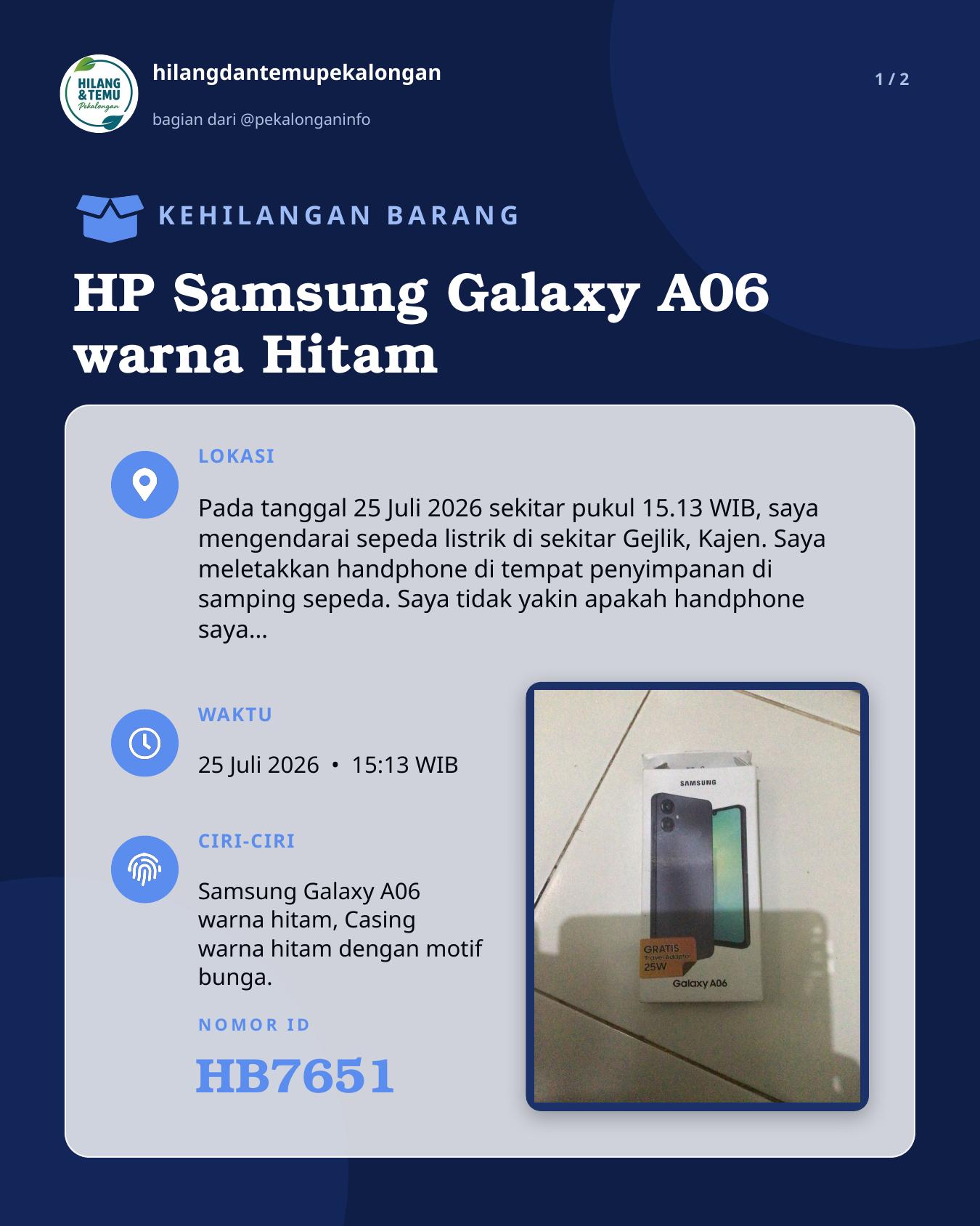 Slide laporan HP Samsung Galaxy A06 warna Hitam (HB7651)