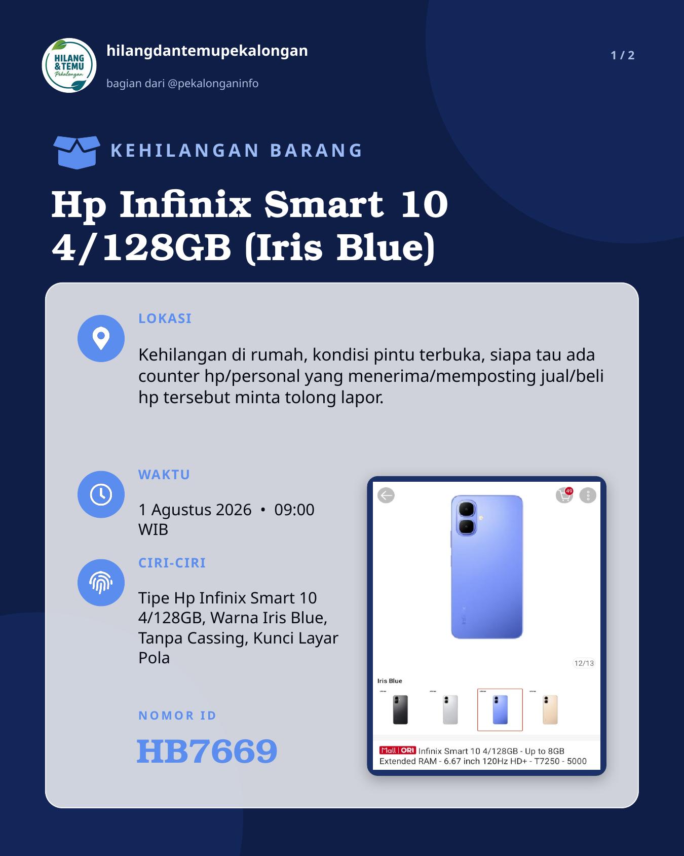 Slide laporan Hp Infinix Smart 10 4/128GB (Iris Blue) (HB7669)