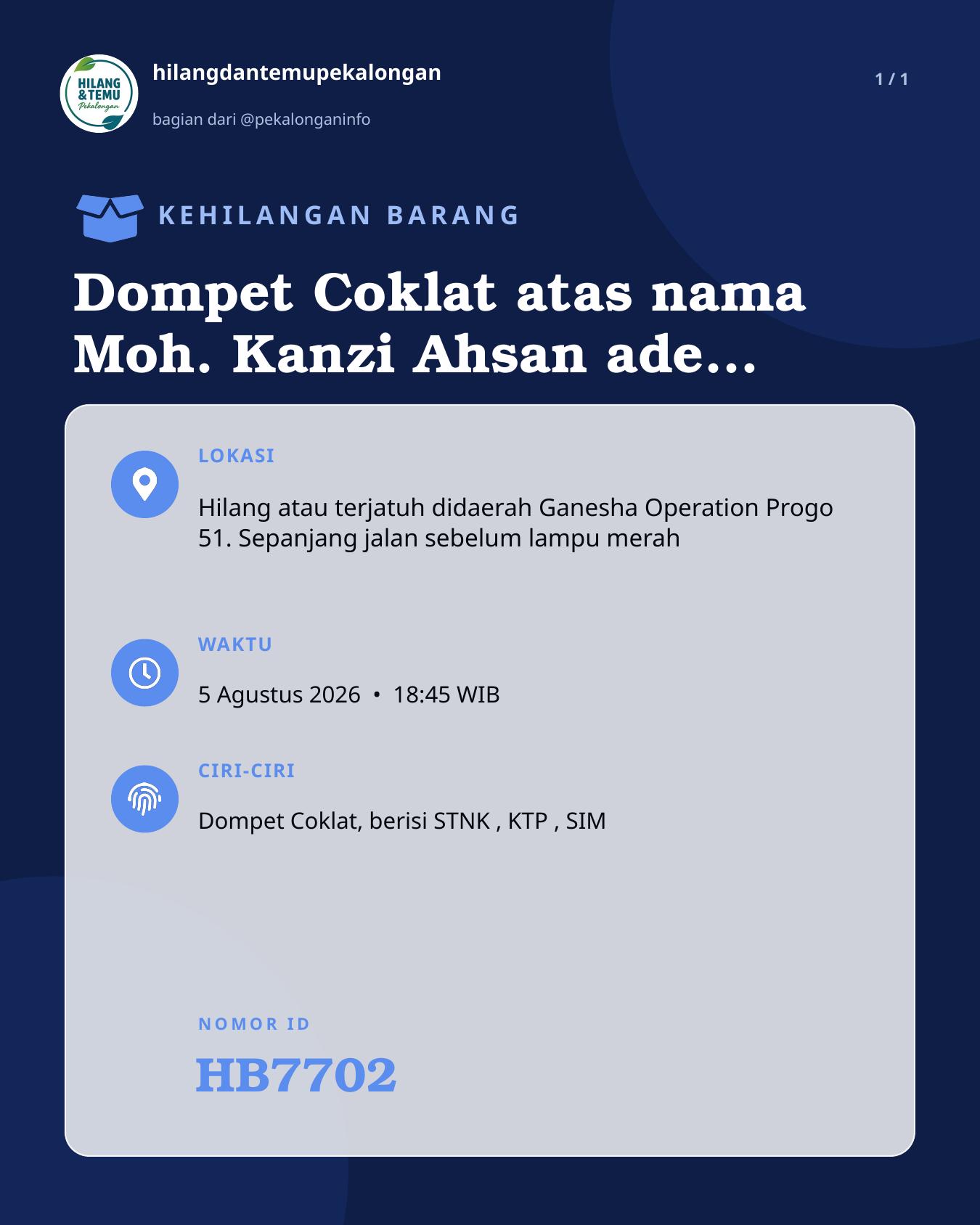 Slide laporan Dompet Coklat atas nama Moh. Kanzi Ahsan ade Sheva (HB7702)
