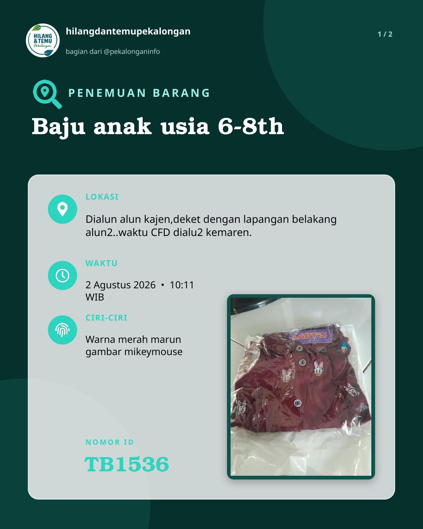 Slide laporan Baju anak usia 6-8th (TB1536)