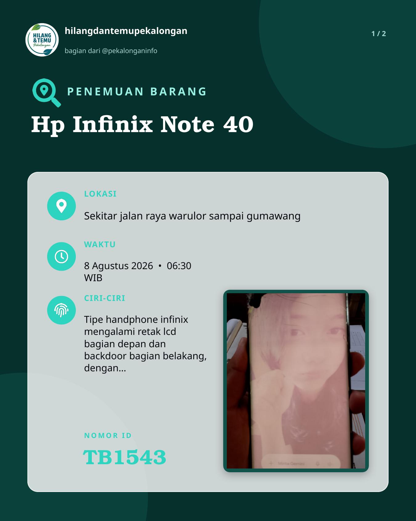 Slide laporan Hp Infinix Note 40 (TB1543)