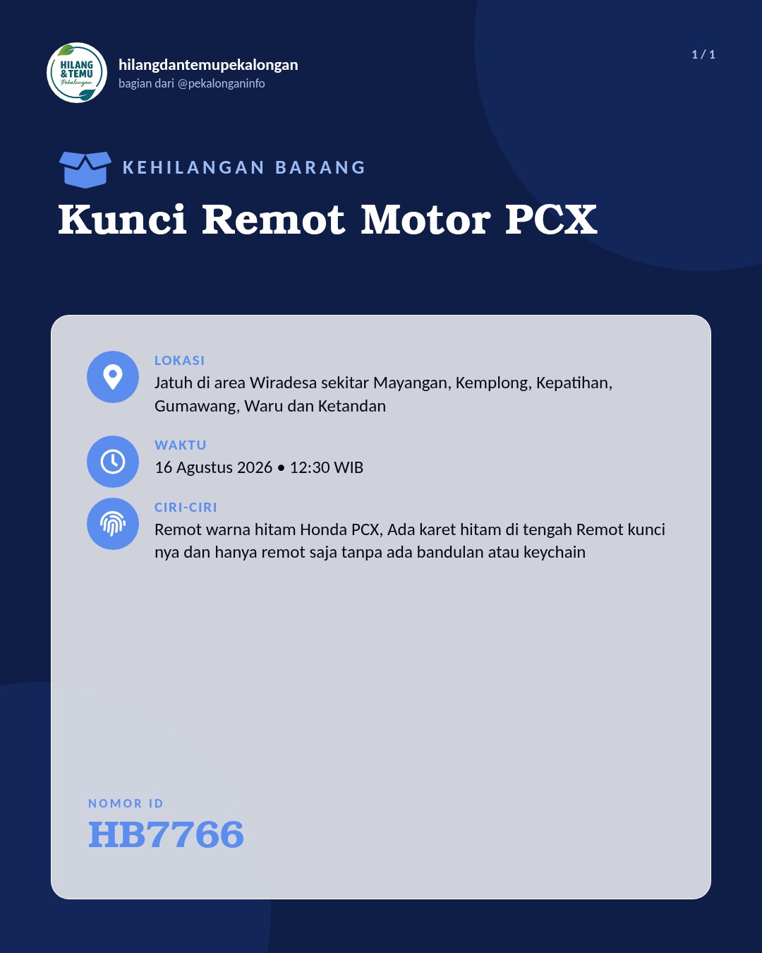 Slide laporan Kunci Remot Motor PCX (HB7766)