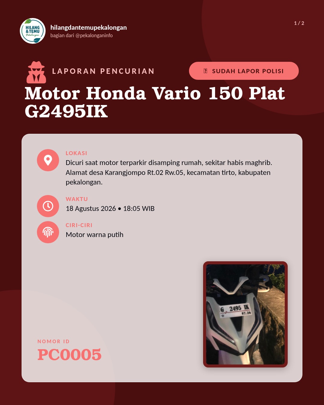 Slide 1 laporan Motor Honda Vario 150 Plat G2495IK