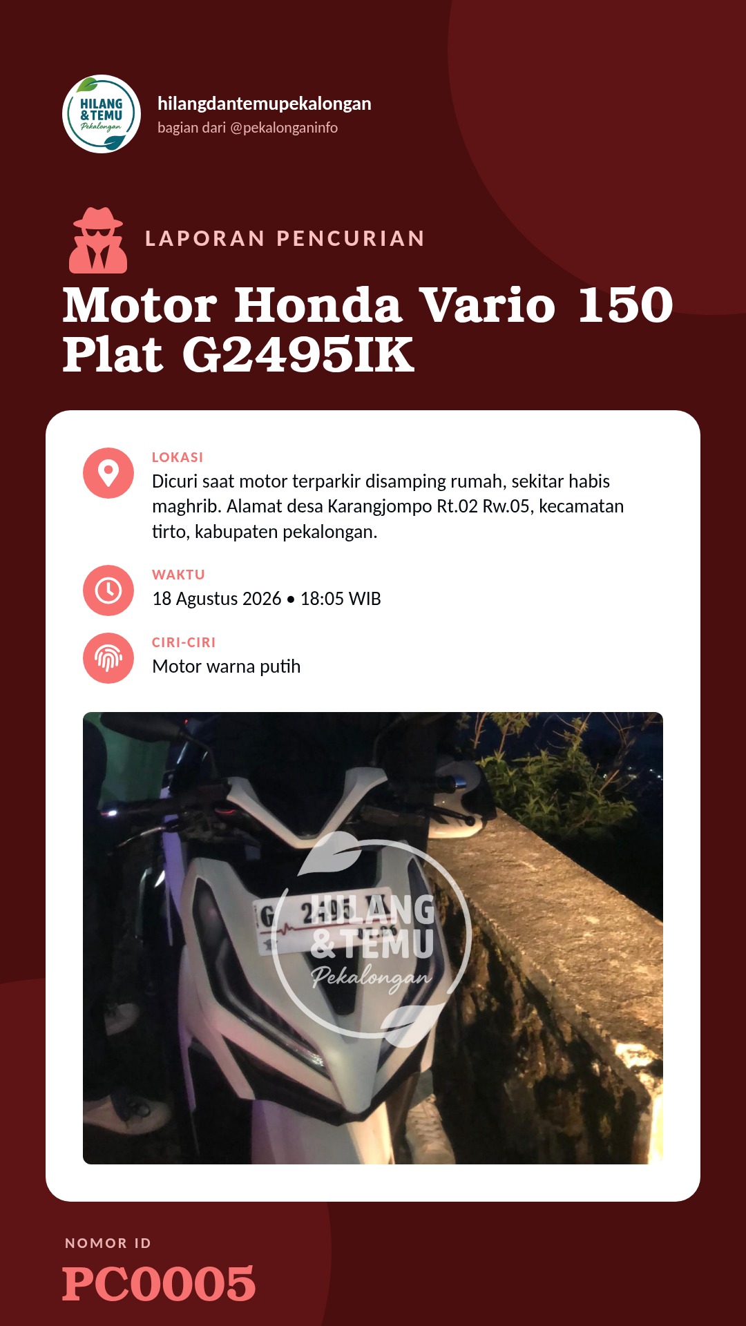 Story 9:16 laporan Motor Honda Vario 150 Plat G2495IK