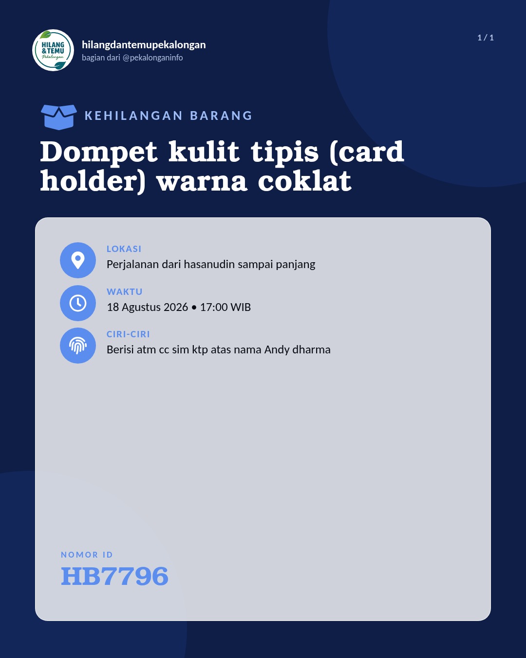Slide laporan Dompet kulit tipis (card holder) warna coklat (HB7796)