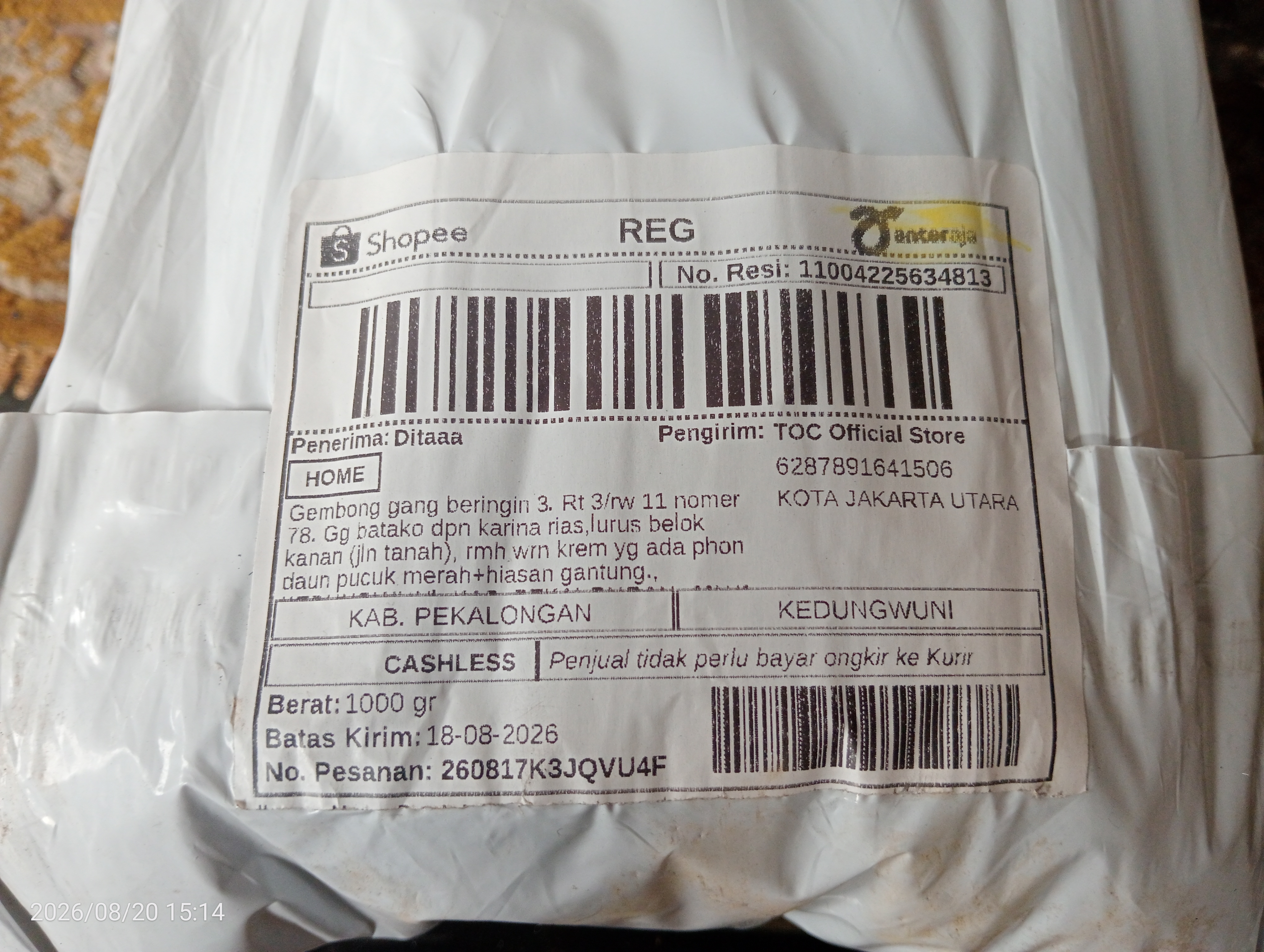 Foto laporan Paketan dari shopee (TB1558)