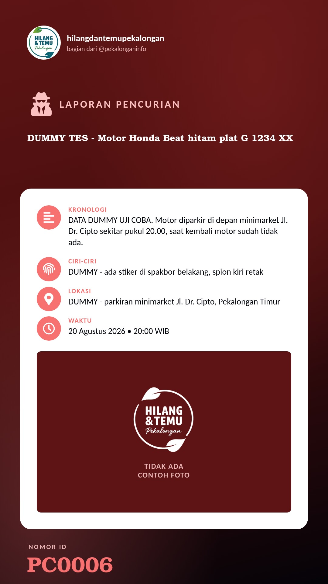 Story 9:16 laporan DUMMY TES - Motor Honda Beat hitam plat G 1234 XX