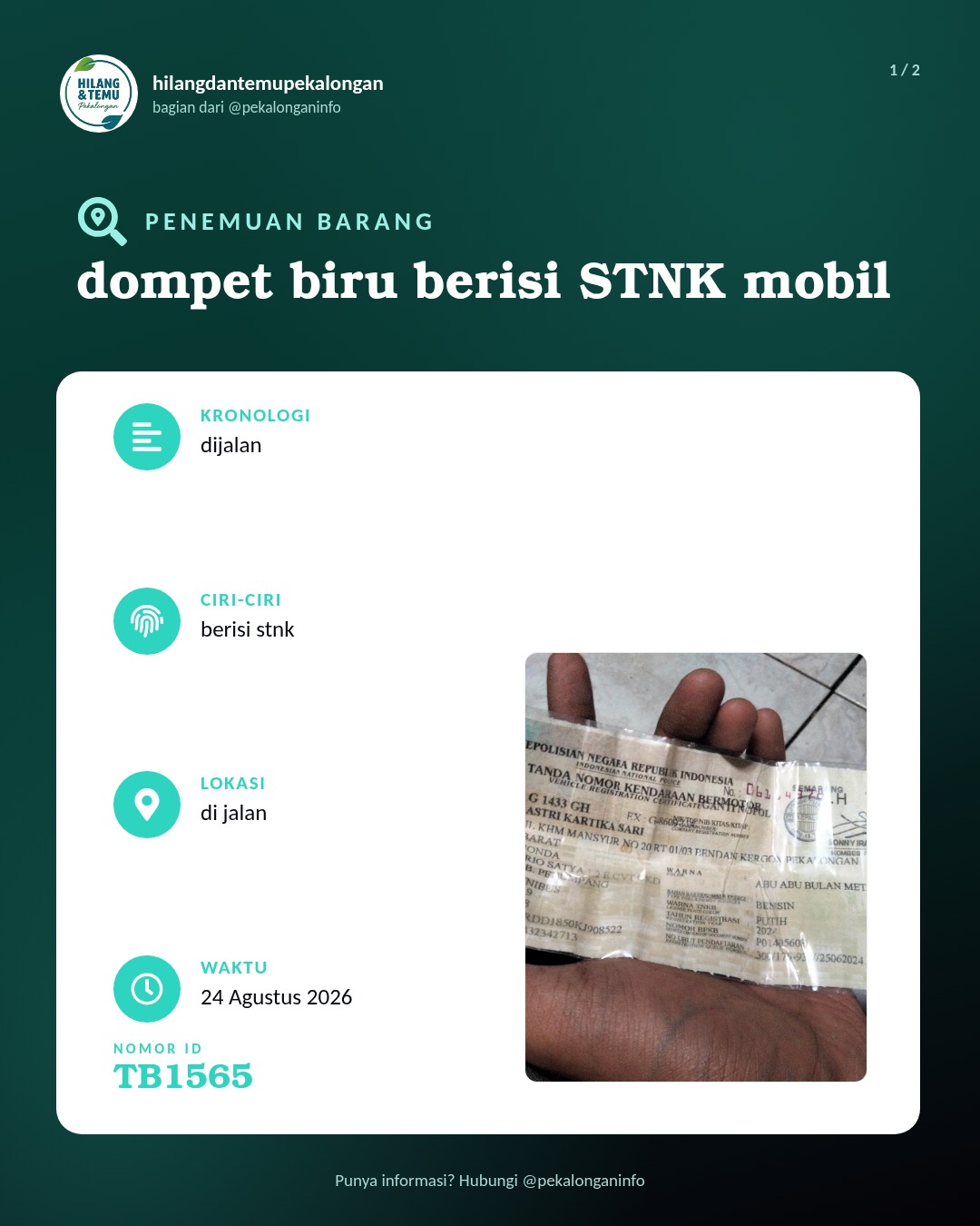 Slide 1 laporan dompet biru berisi STNK mobil