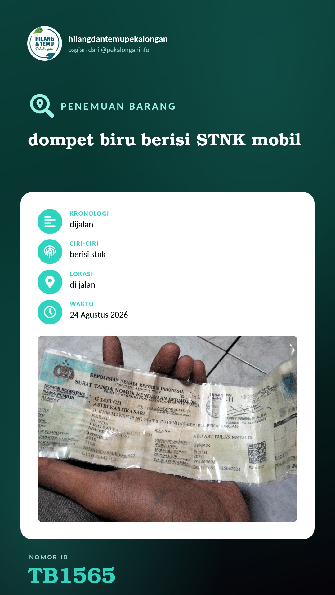 Story 9:16 laporan dompet biru berisi STNK mobil