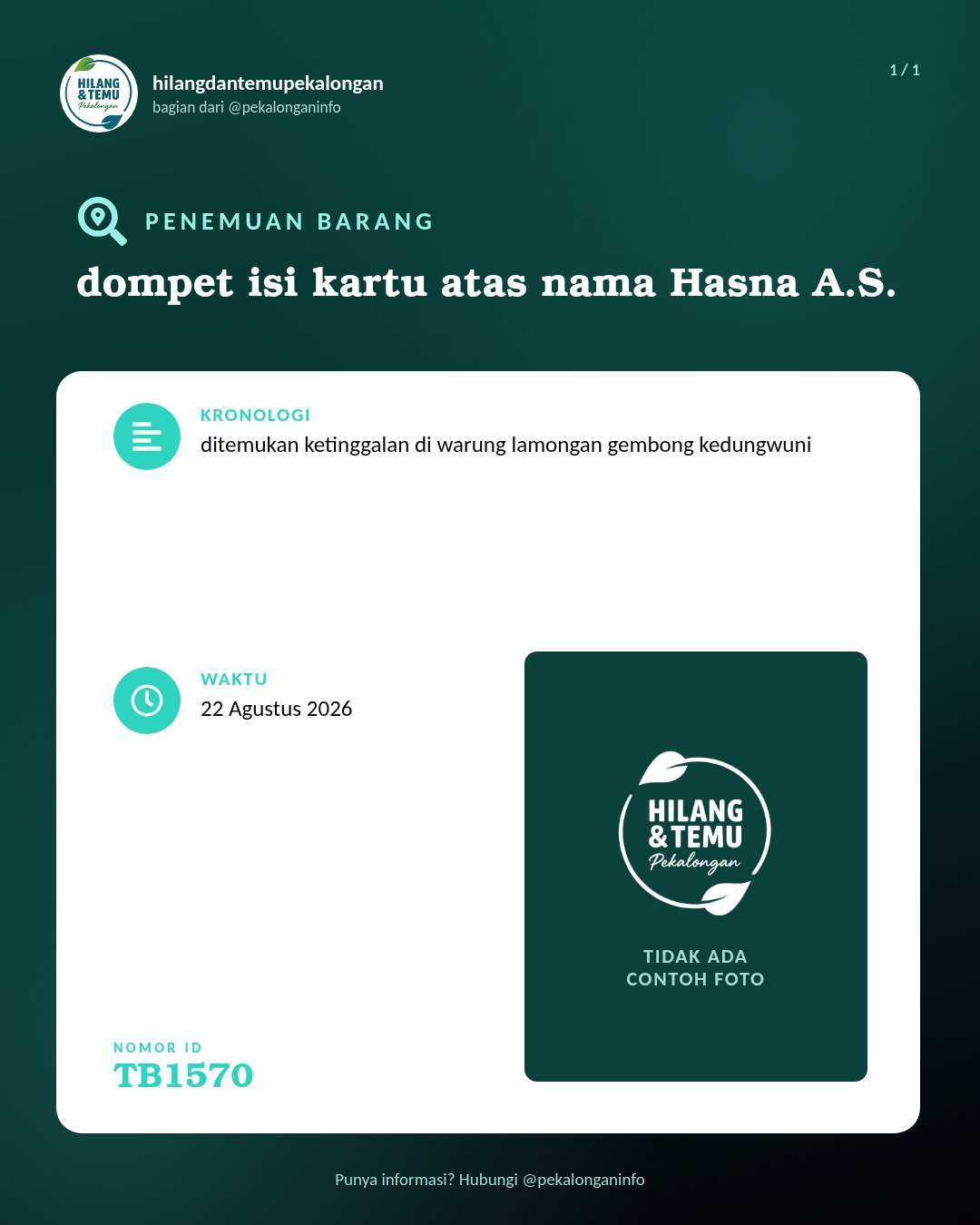 Slide laporan dompet isi kartu atas nama Hasna A.S. (TB1570)