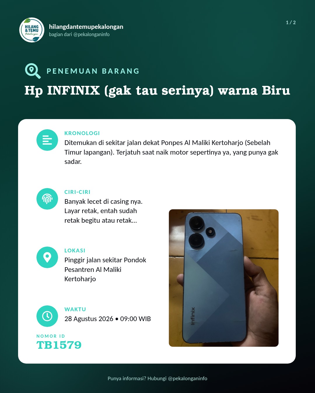 Slide 1 laporan Hp INFINIX (gak tau serinya) warna Biru