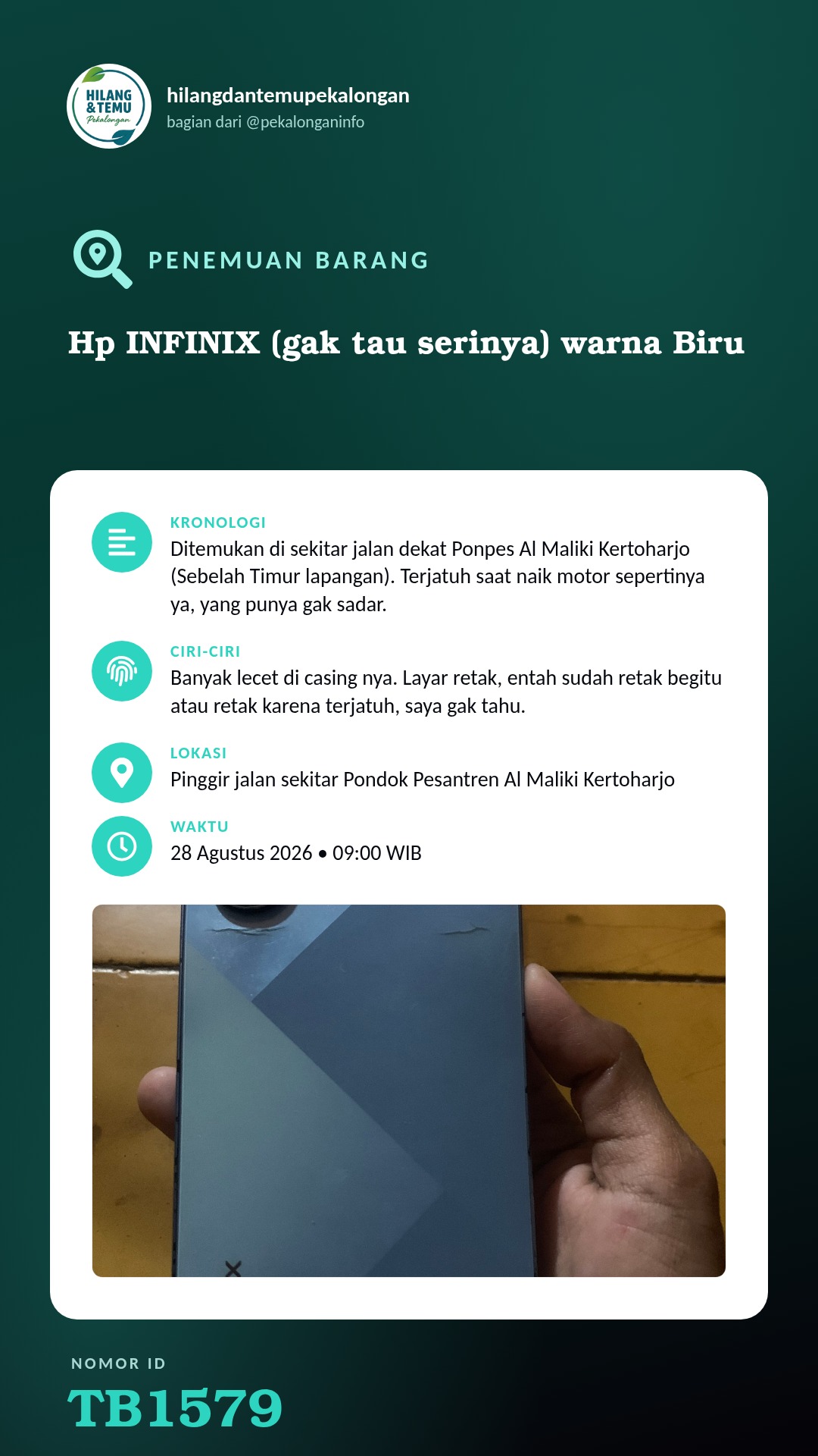 Story 9:16 laporan Hp INFINIX (gak tau serinya) warna Biru