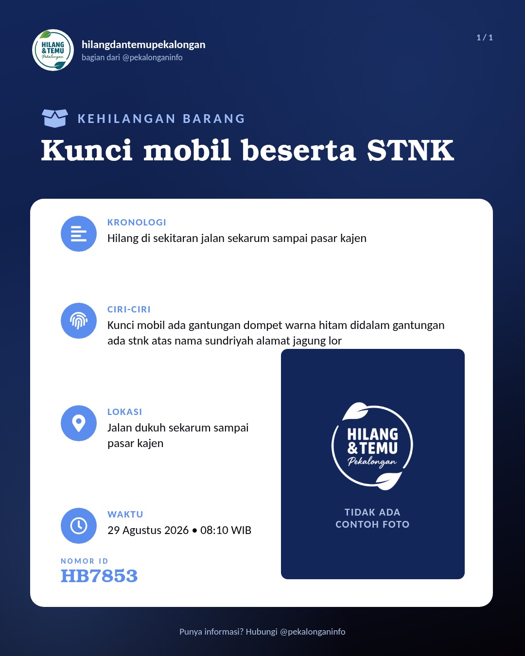 Slide laporan Kunci mobil beserta STNK (HB7853)