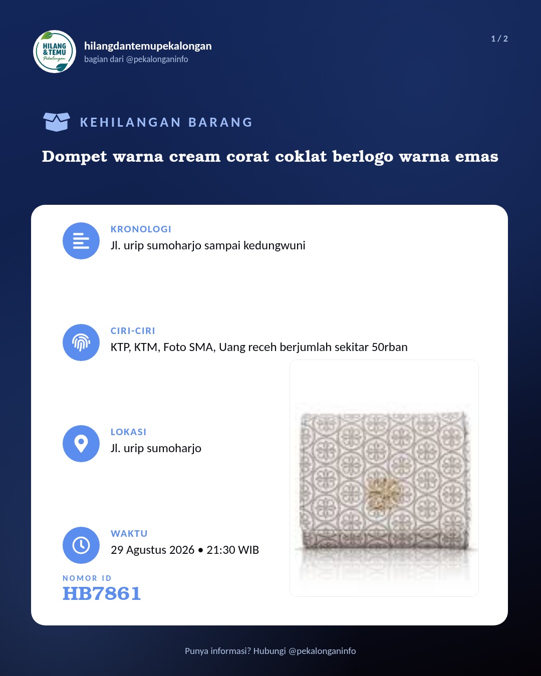 Slide 1 laporan Dompet warna cream corat coklat berlogo warna emas