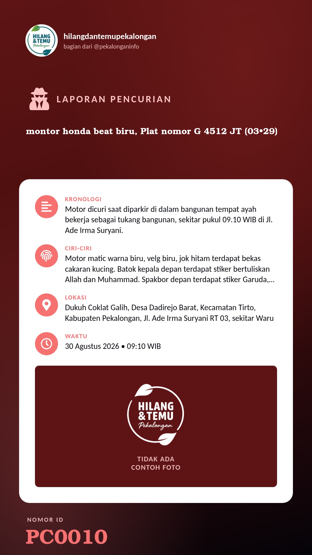 Story 9:16 laporan montor honda beat biru, Plat nomor G 4512 JT (03•29)