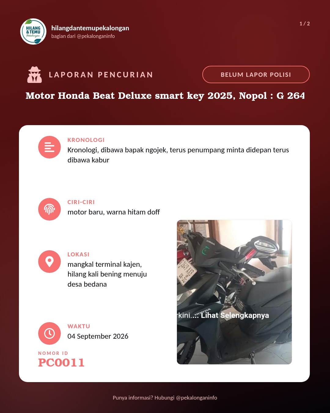 Slide 1 laporan Motor Honda Beat Deluxe smart key 2025, Nopol : G 2649 AXB