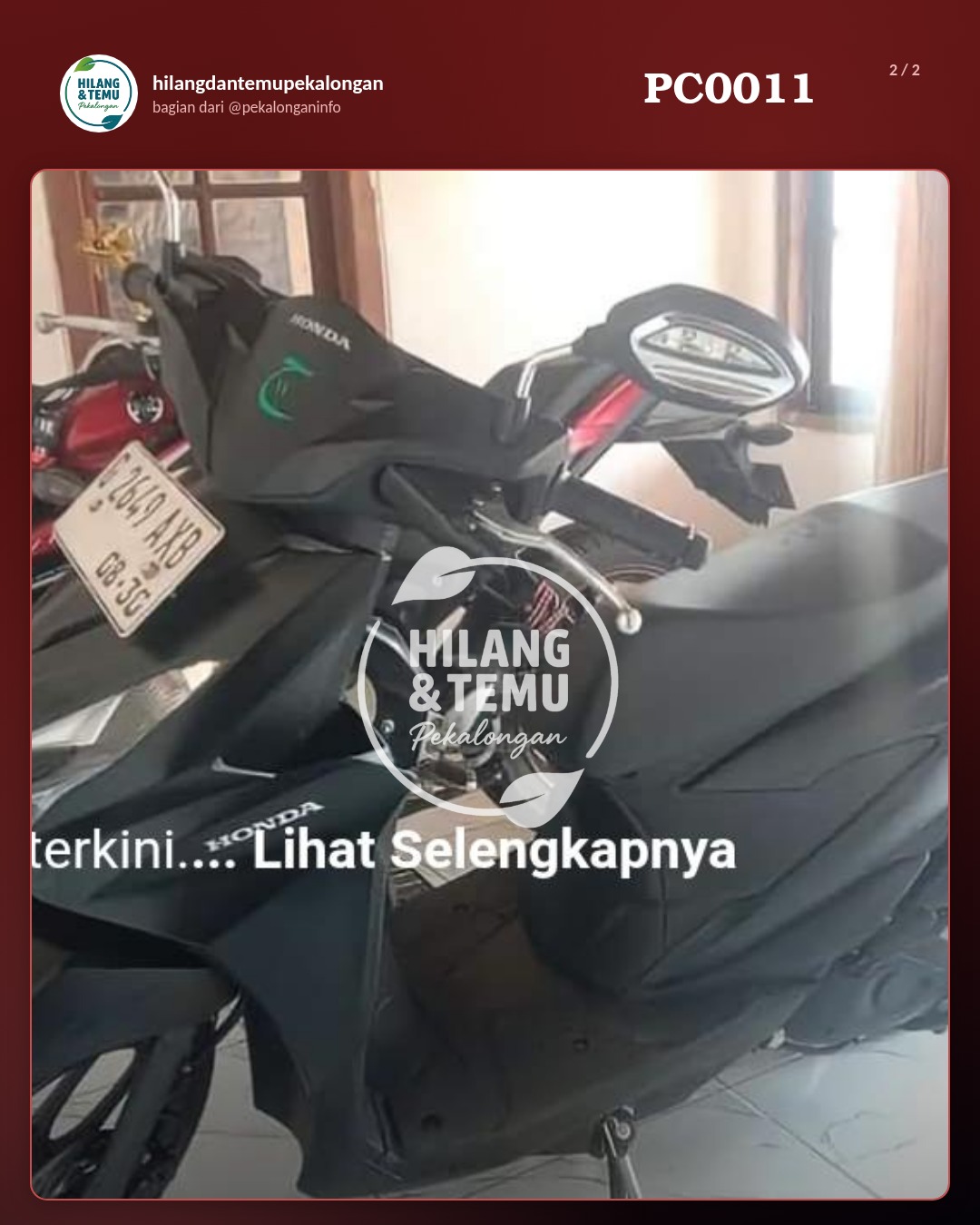 Slide 2 laporan Motor Honda Beat Deluxe smart key 2025, Nopol : G 2649 AXB
