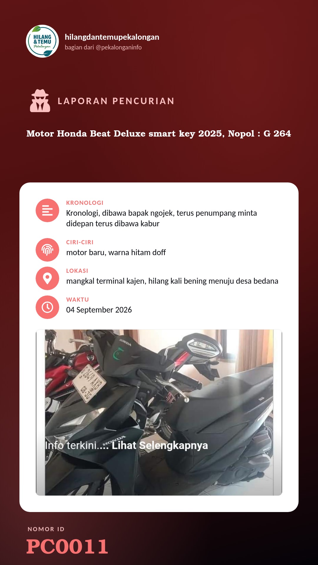 Story 9:16 laporan Motor Honda Beat Deluxe smart key 2025, Nopol : G 2649 AXB