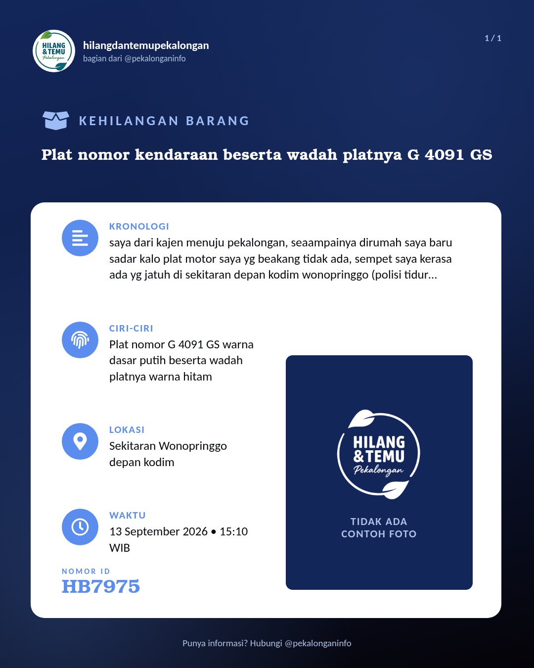 Slide laporan Plat nomor kendaraan beserta wadah platnya G 4091 GS (HB7975)