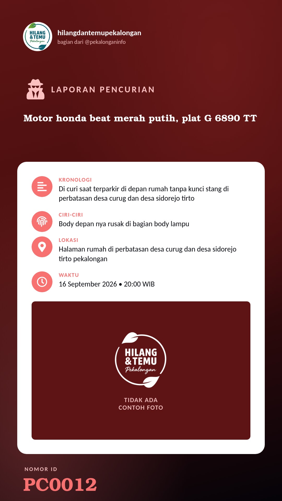 Story 9:16 laporan Motor honda beat merah putih, plat G 6890 TT
