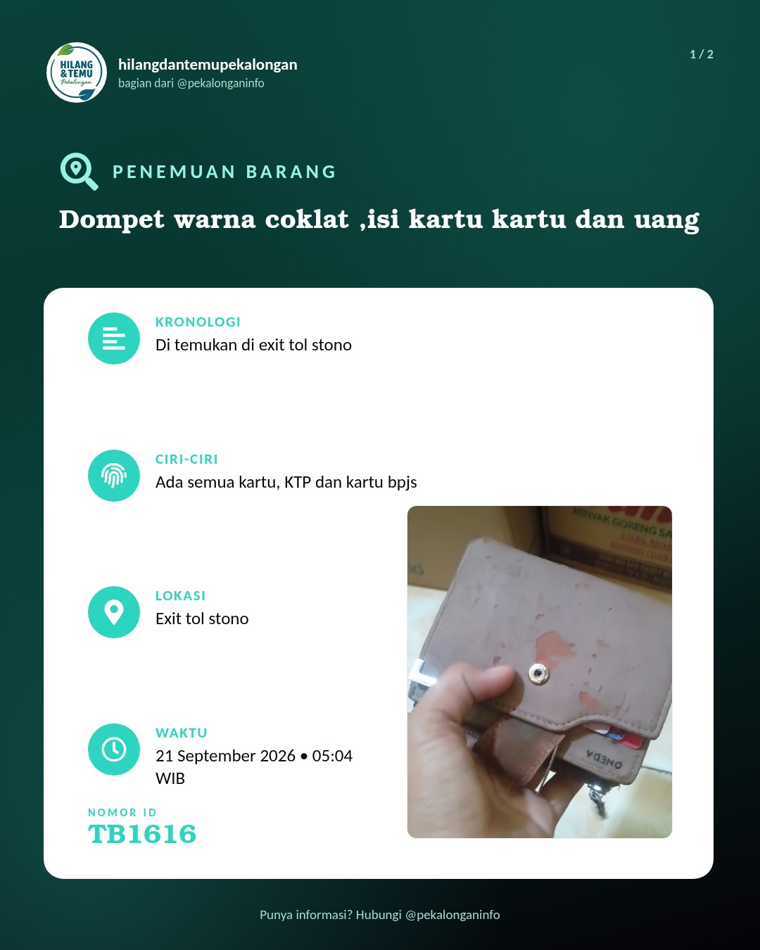 Slide 1 laporan Dompet warna coklat ,isi kartu kartu dan uang