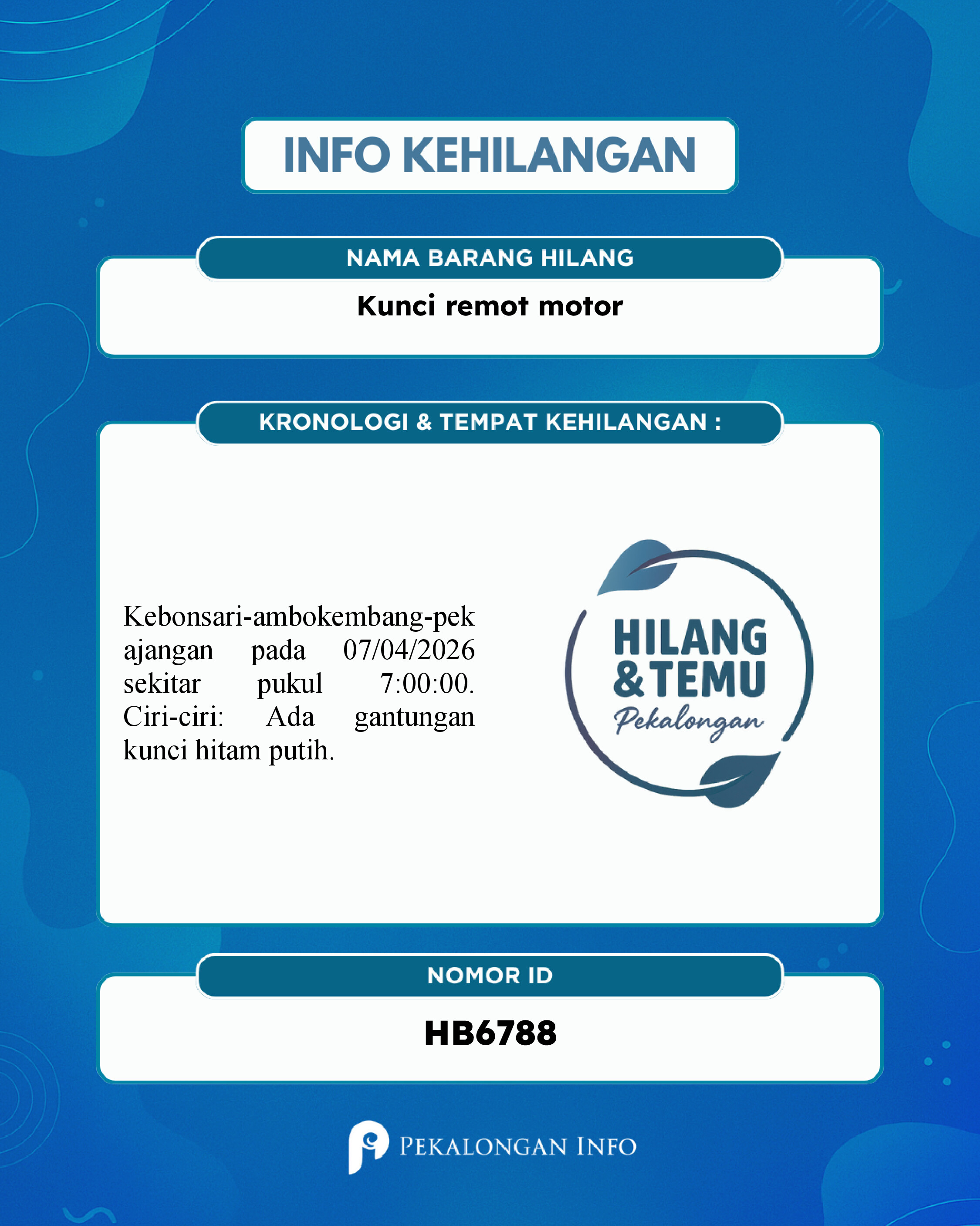 Foto laporan Kunci remot motor (HB6788)