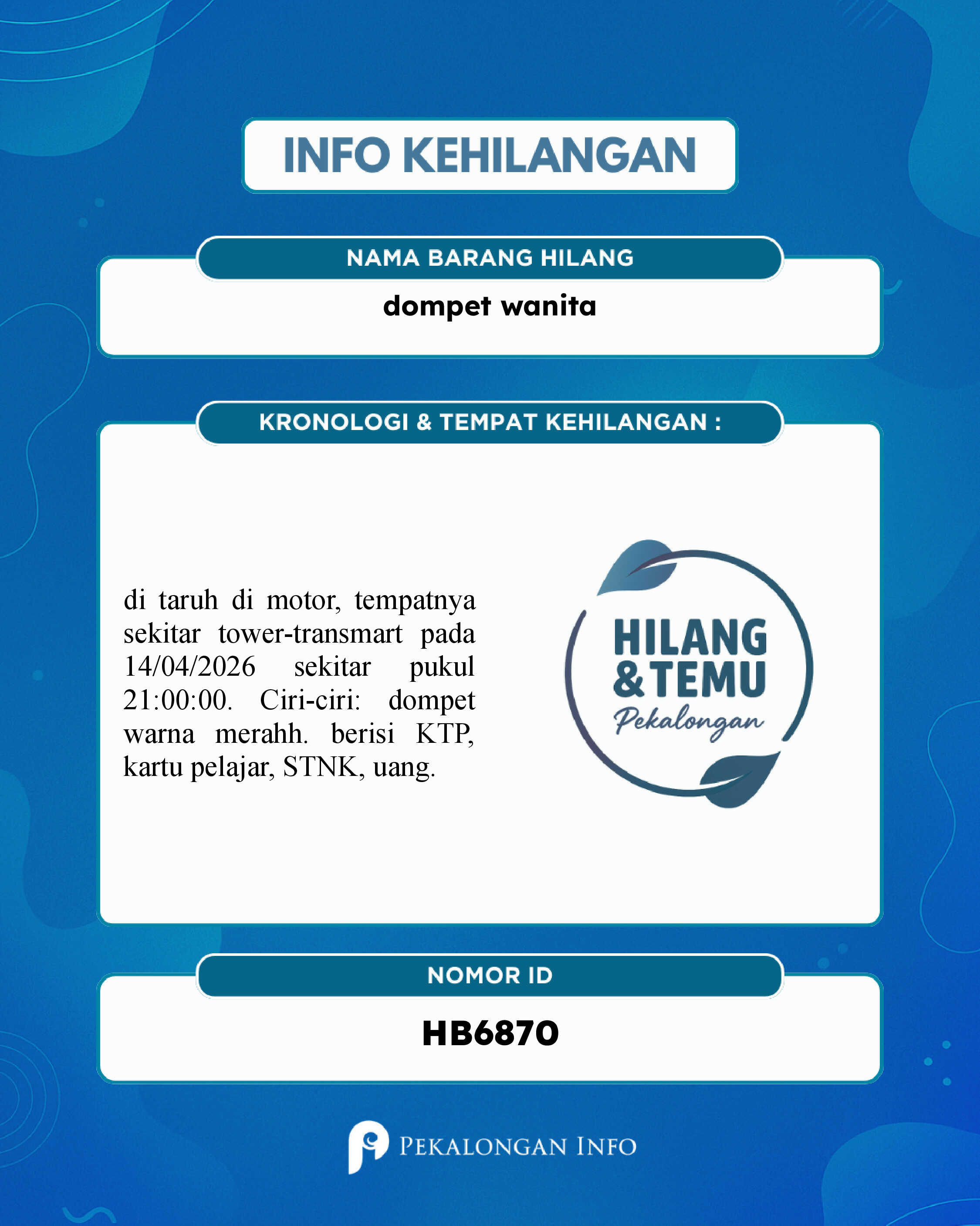 Foto laporan dompet wanita (HB6870)