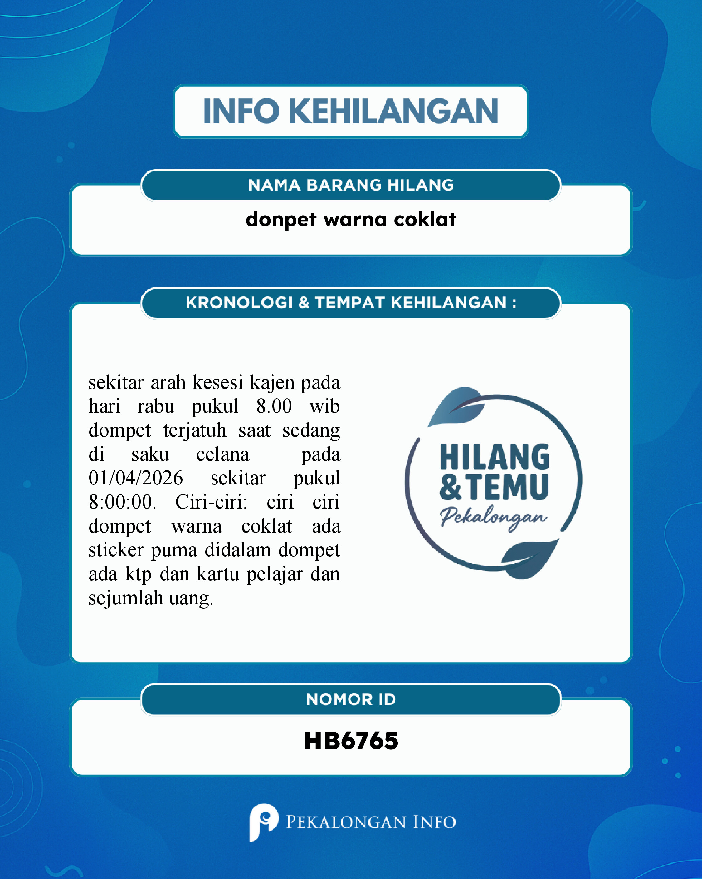 Foto laporan donpet warna coklat (HB6765)