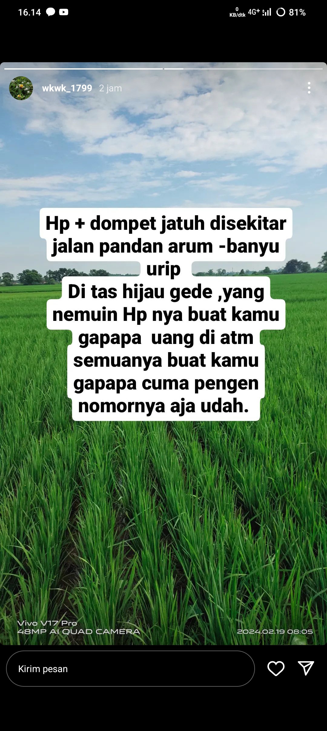 Foto laporan Tas warna hijau beserta isinya, seperti hp, uang & kartu ATM (HB0108)
