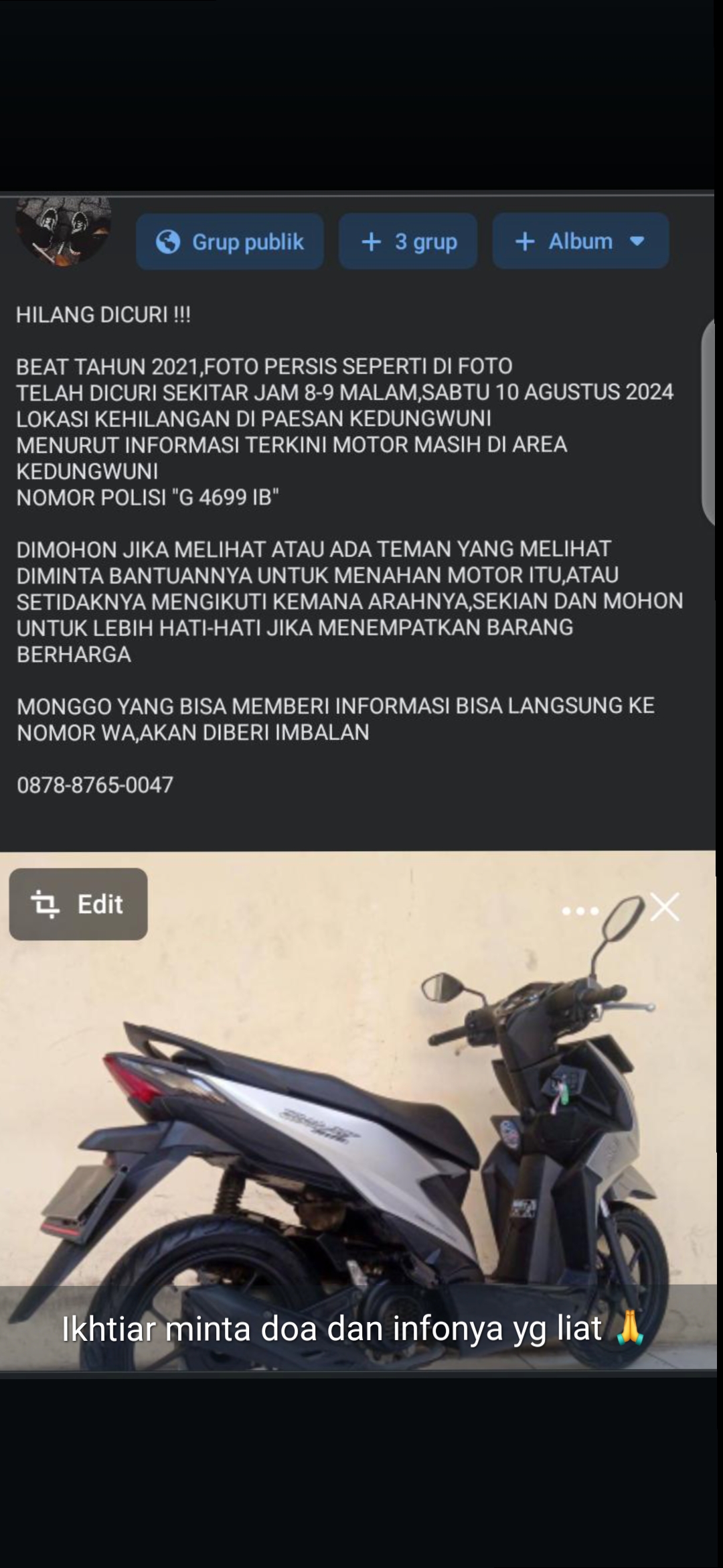 Foto laporan Motor BEAT 2021 deluxe silver (HB1224)