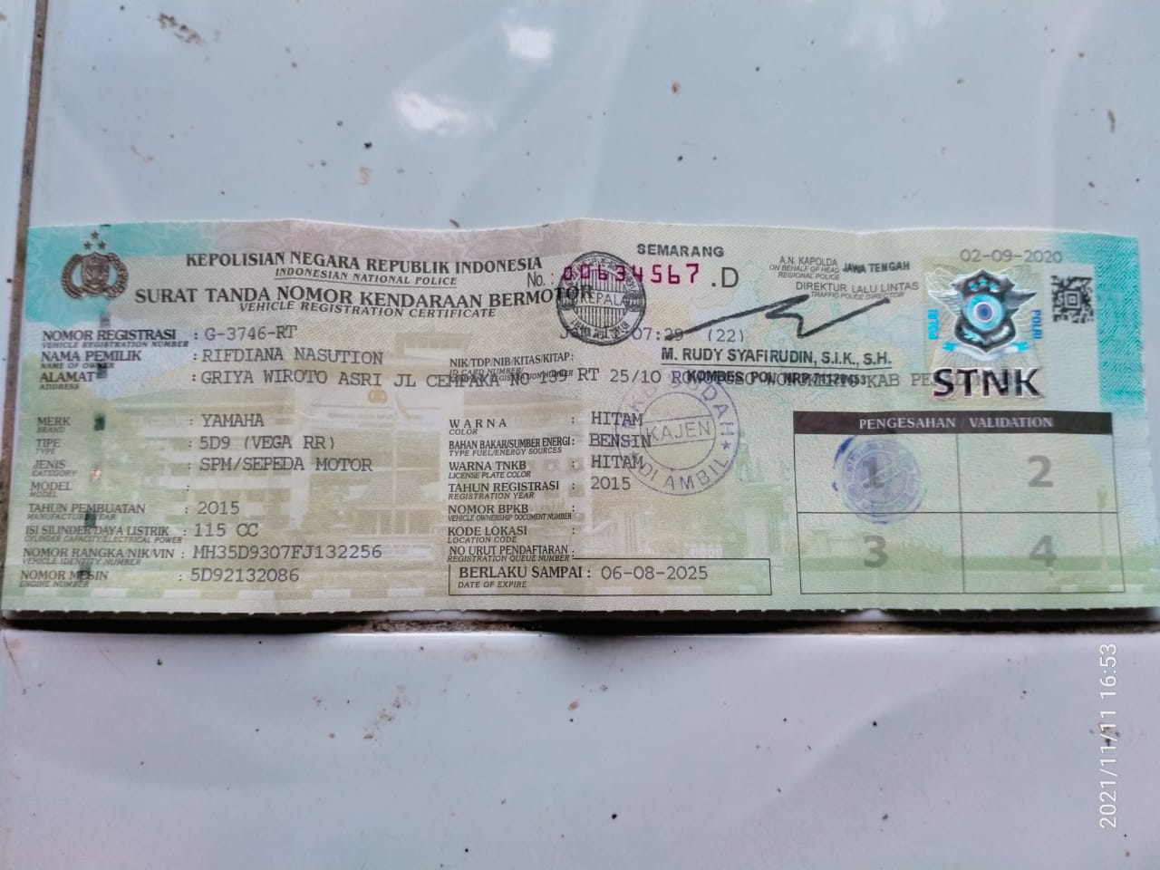 Foto laporan STNK MOTOR (HB1401)