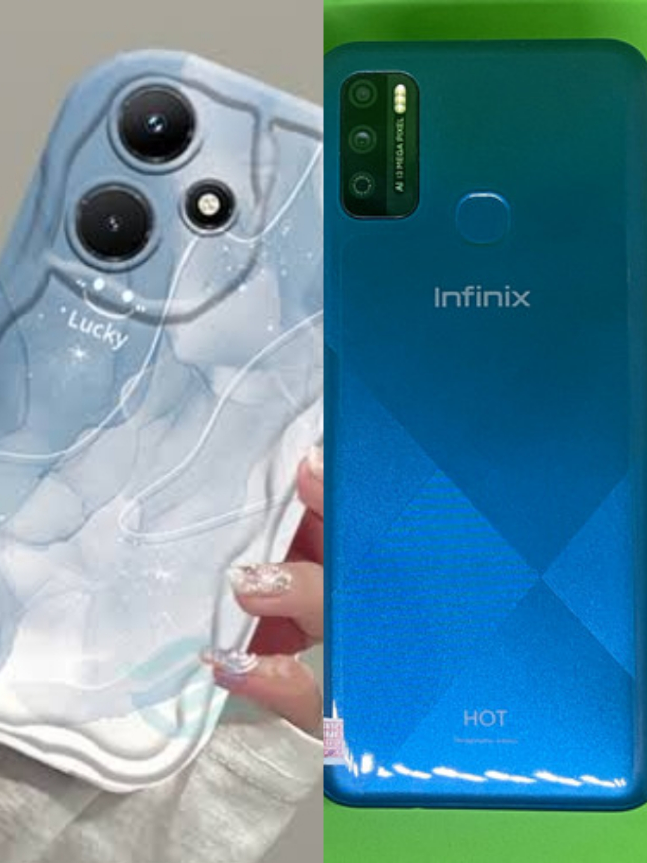 Foto laporan Handphone merk infinix hot 9 play warna biru, memakai casing warna biru putih corak awan (HB1411)